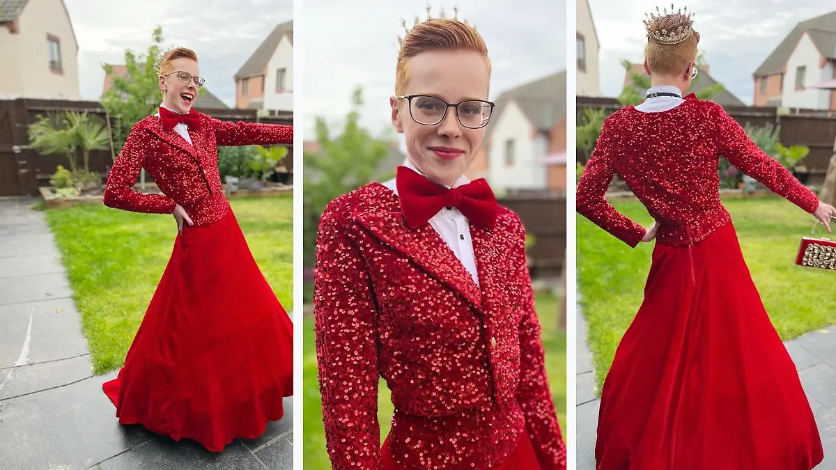 Kaden trägt ein schönes rotes Kleid mit glitzernder roter Tasche.