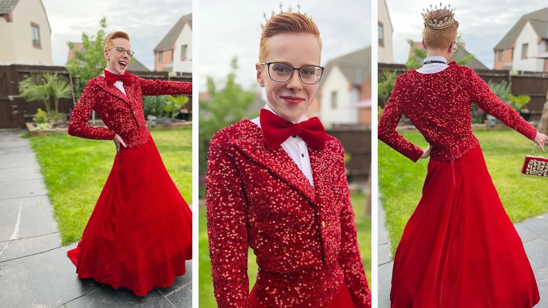 Kaden trägt ein schönes rotes Kleid mit glitzernder roter Tasche.