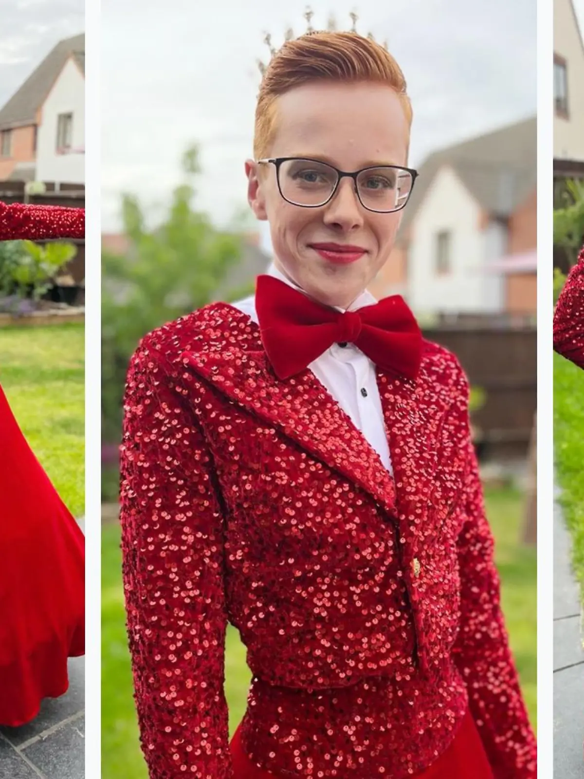 Kaden trägt ein schönes rotes Kleid mit glitzernder roter Tasche.