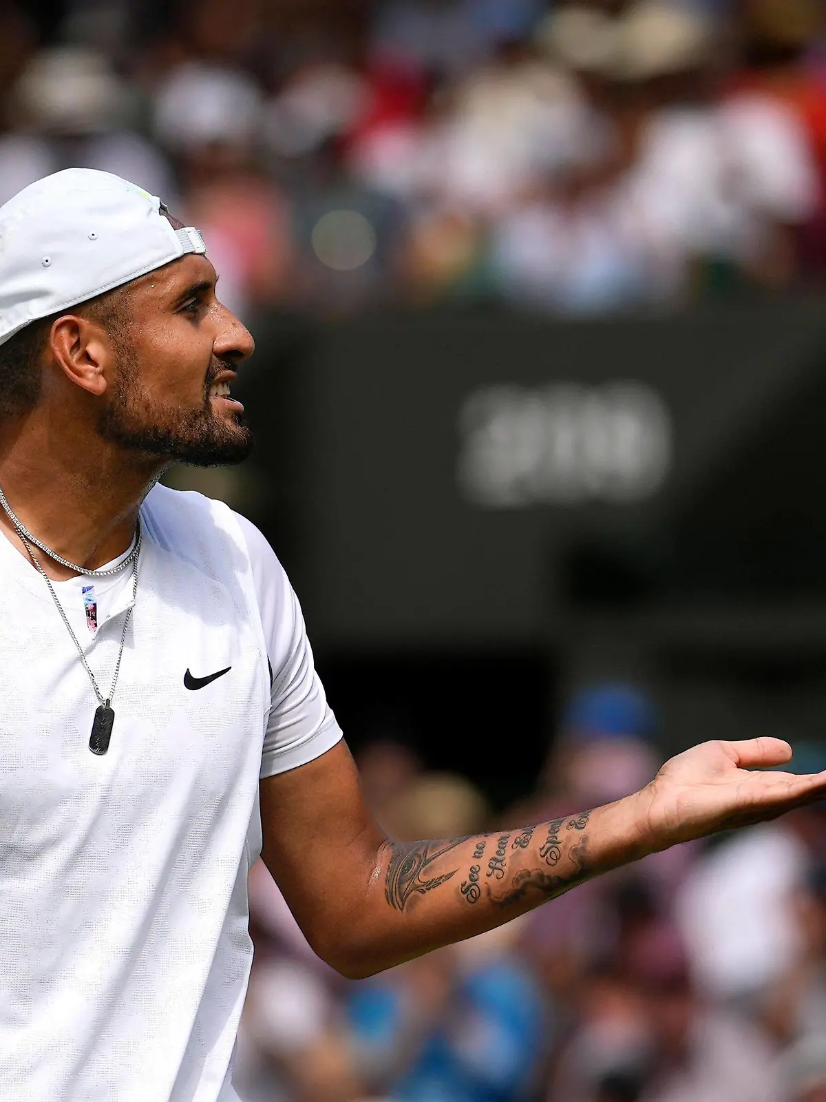  Mandatory Credit: Photo by Dave Shopland/Shutterstock 13018058bu Nick Kyrgios reacts during the Men s Singles Final Wimbledon Tennis Championships, Day 14, The All England Lawn Tennis and Croquet Club, London, UK - 10 Jul 2022 Wimbledon Tennis Championships, Day 14, The All England Lawn Tennis and Croquet Club, London, UK - 10 Jul 2022 PUBLICATIONxINxGERxSUIxAUTXHUNxGRExMLTxCYPxROMxBULxUAExKSAxONLY Copyright: xDavexShopland/Shutterstockx 13018058bu