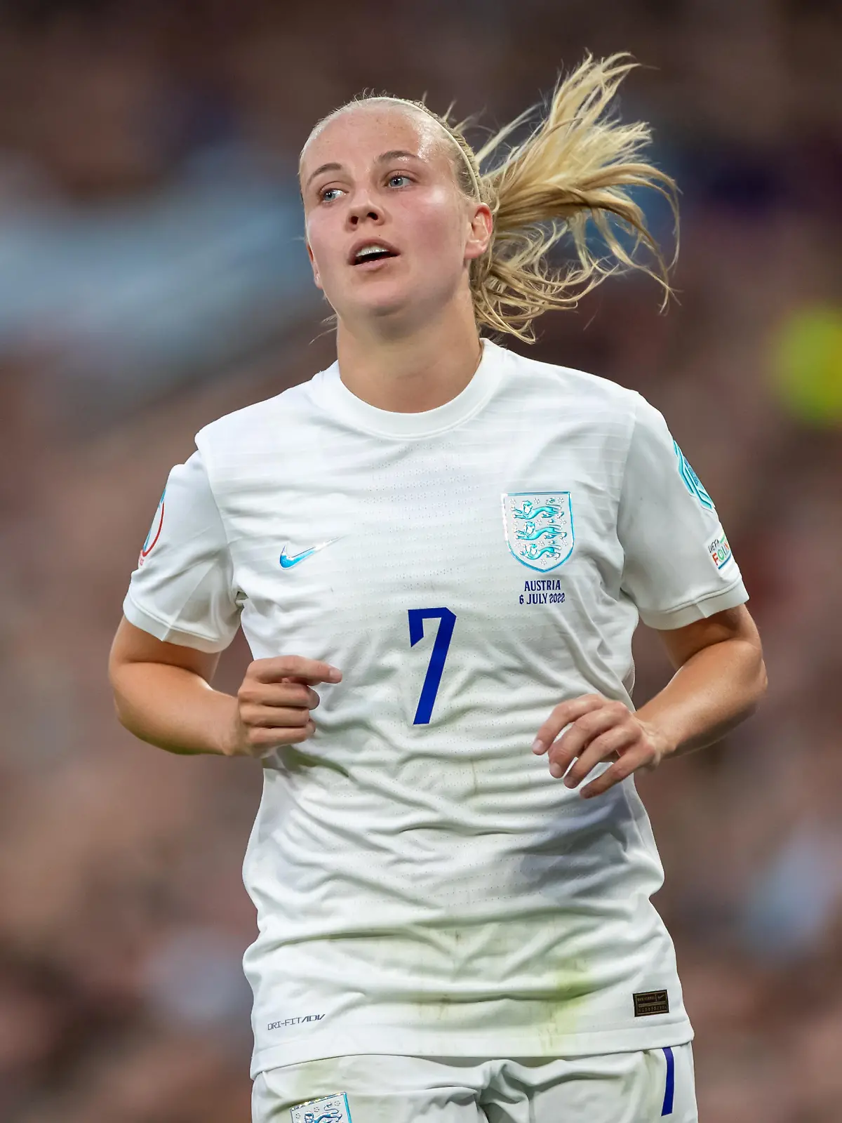 6th July 2022, Old Trafford, Manchester, England: Womens European International football tournament; England versus Austria: Beth Mead of England moves forward with play / action press
