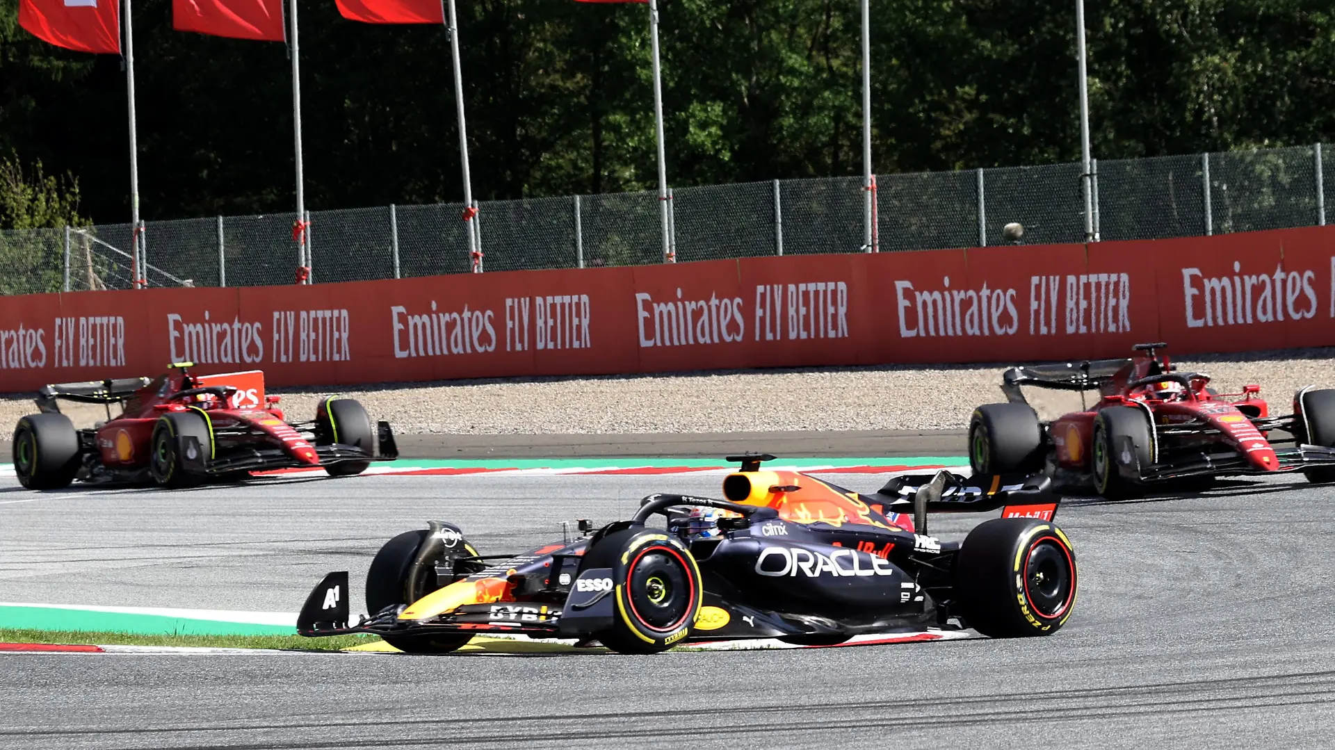 Formula One F1 - Austrian Grand Prix - Red Bull Ring, Spielberg, Austria - July 9, 2022 Red Bull's Max Verstappen, Ferrari's Carlos Sainz Jr. and Charles Leclerc in action during the sprint race REUTERS/Florion Goga
