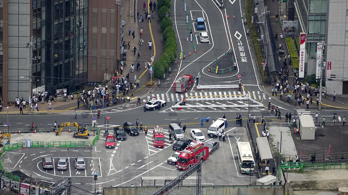 An aerial view shows the site after former Japanese prime minister Shinzo Abe was apparently shot during an election campaign for the July 10, 2022 Upper House election, in Nara, western Japan July 8, 2022, in this photo taken by Kyodo. Mandatory credit Kyodo via REUTERS ATTENTION EDITORS - THIS IMAGE WAS PROVIDED BY A THIRD PARTY. MANDATORY CREDIT. JAPAN OUT. NO COMMERCIAL OR EDITORIAL SALES IN JAPAN.