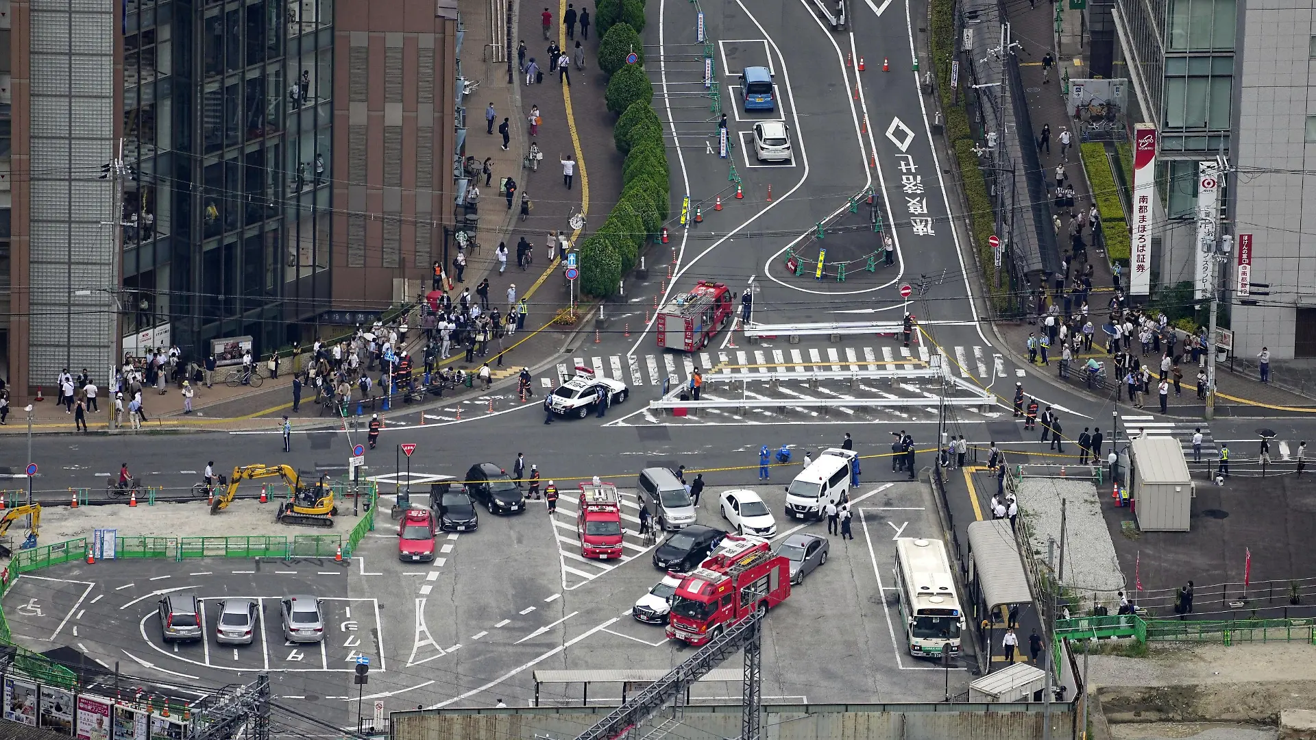 An aerial view shows the site after former Japanese prime minister Shinzo Abe was apparently shot during an election campaign for the July 10, 2022 Upper House election, in Nara, western Japan July 8, 2022, in this photo taken by Kyodo. Mandatory credit Kyodo via REUTERS ATTENTION EDITORS - THIS IMAGE WAS PROVIDED BY A THIRD PARTY. MANDATORY CREDIT. JAPAN OUT. NO COMMERCIAL OR EDITORIAL SALES IN JAPAN.