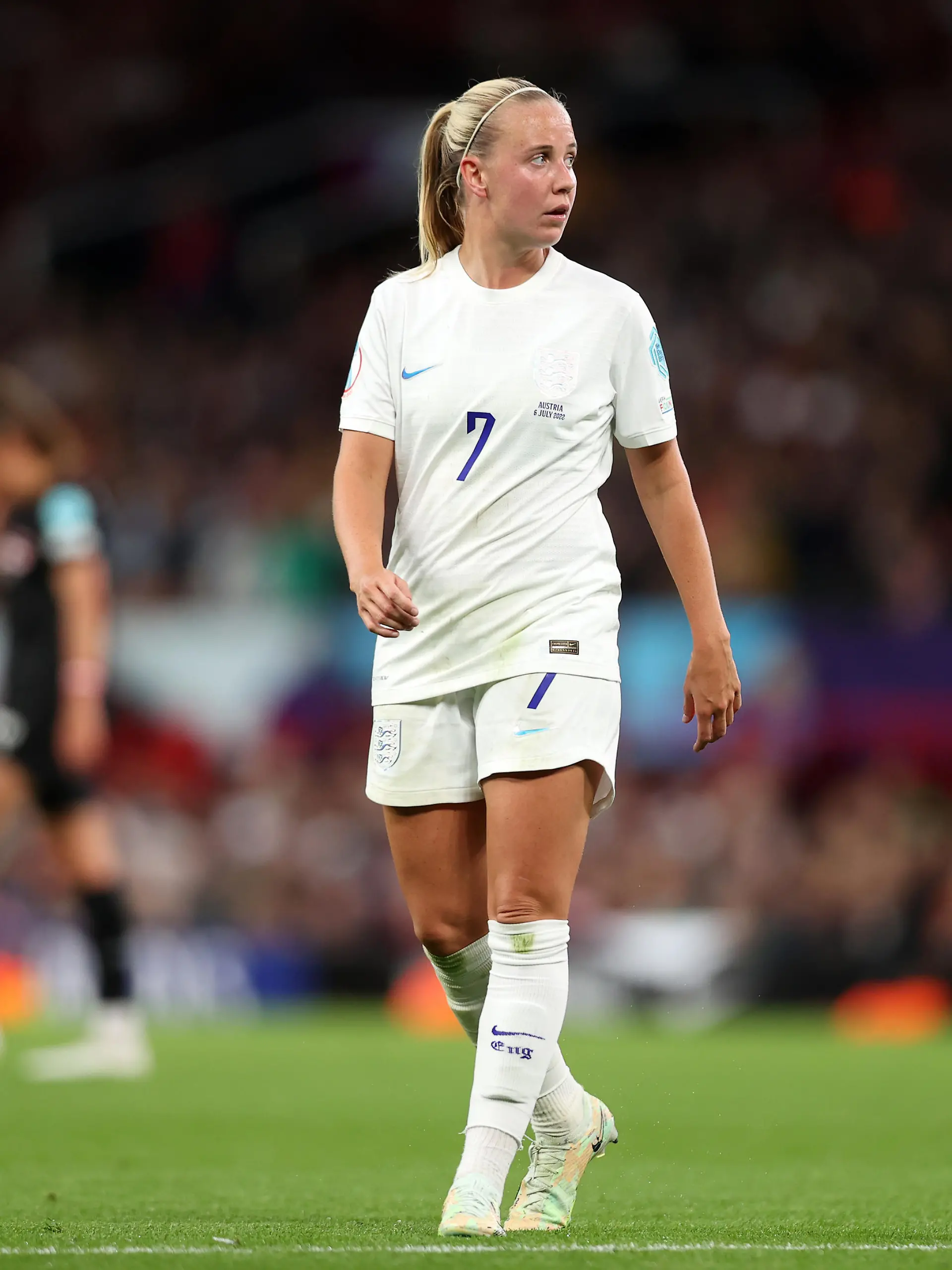 MANCHESTER, ENGLAND - JULY 06: Beth Mead of England looks on during the UEFA Women's Euro England 2022 group A match between England and Austria at Old Trafford on July 06, 2022 in Manchester, England. (Photo by Naomi Baker/Getty Images)