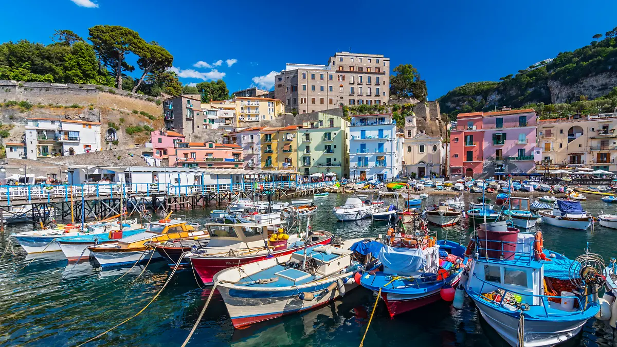 Small fishing boats at harbor Marina Grande in Sorrento, Campania, Amalfi Coast, Italy.