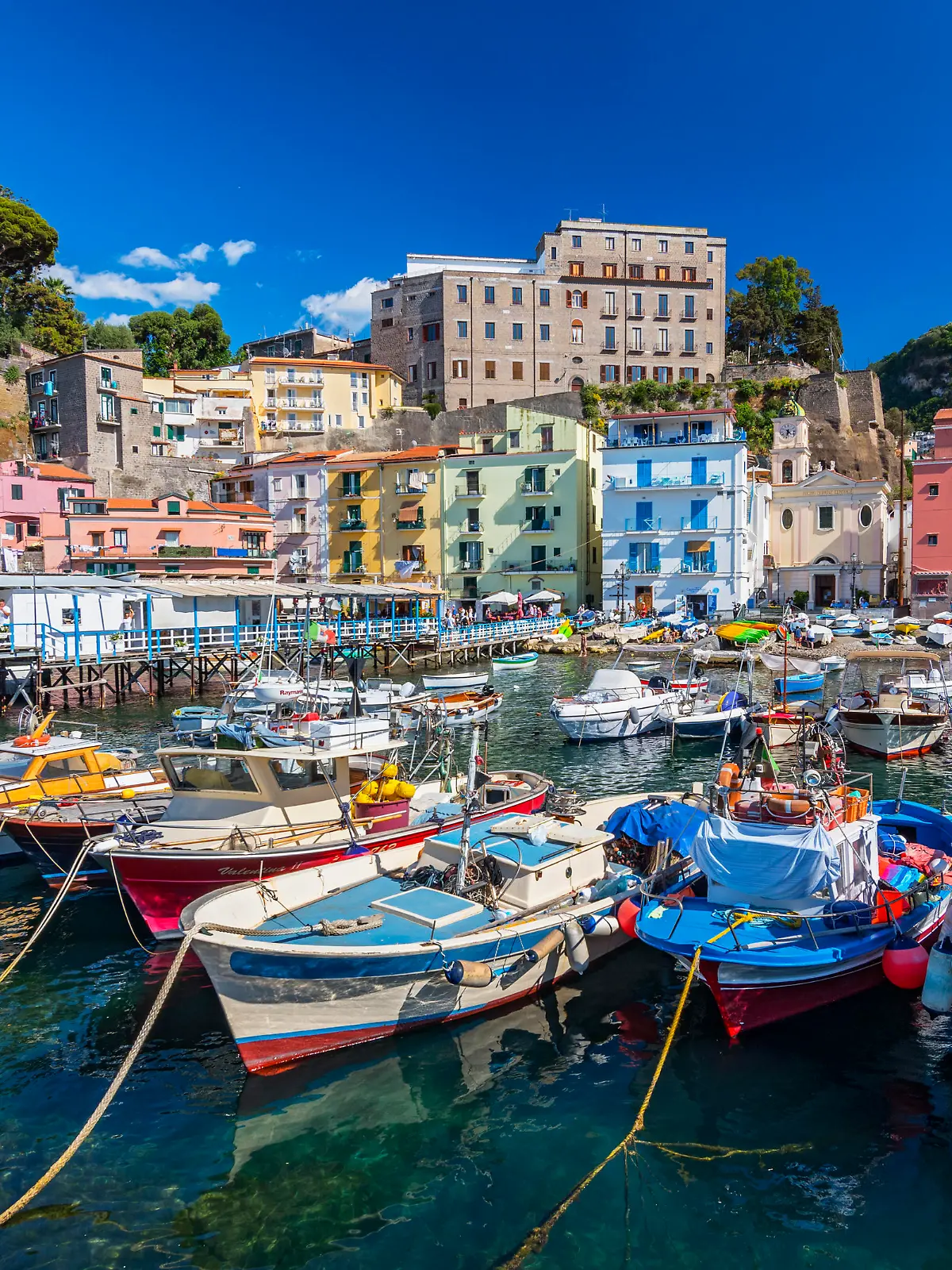 Small fishing boats at harbor Marina Grande in Sorrento, Campania, Amalfi Coast, Italy.