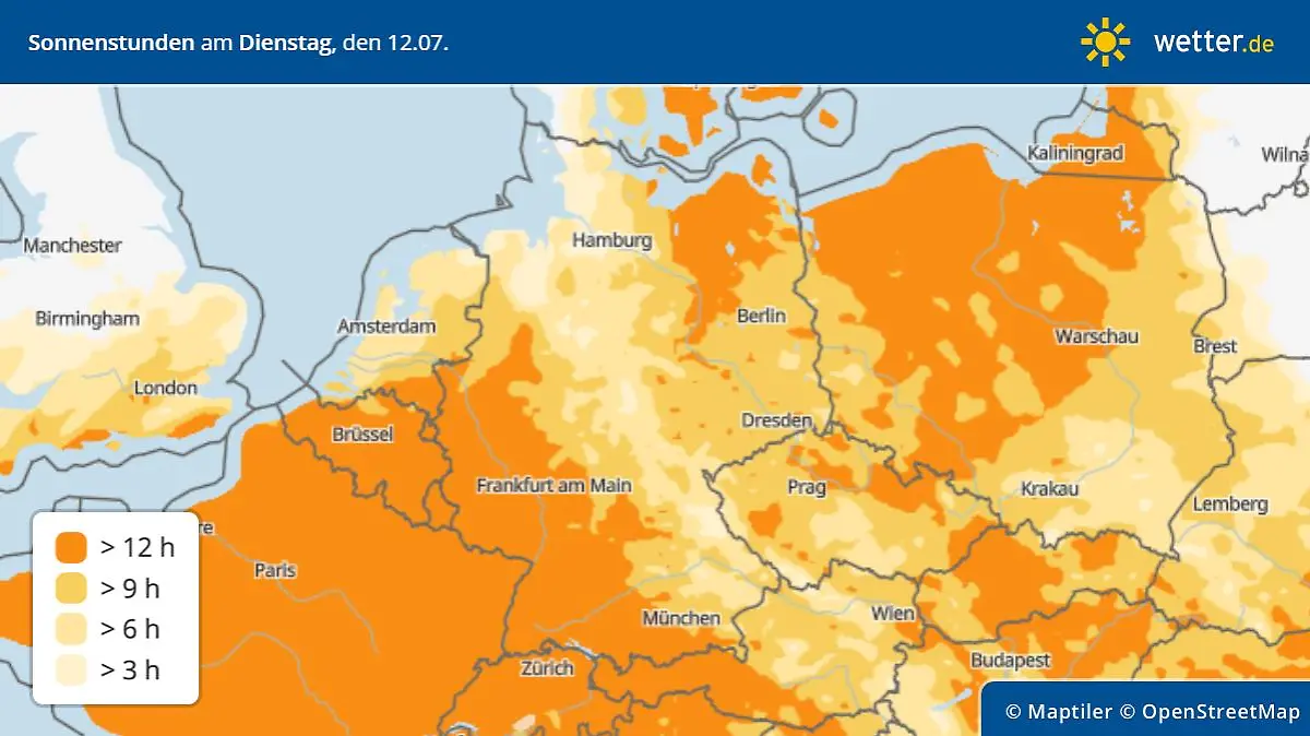 Sonnenscheindauer am Dienstag, 12. Juli in Deutschland