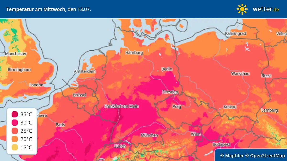 Temperatur-Höchstwerte am Mittwoch, 13. Juli in Deutschland