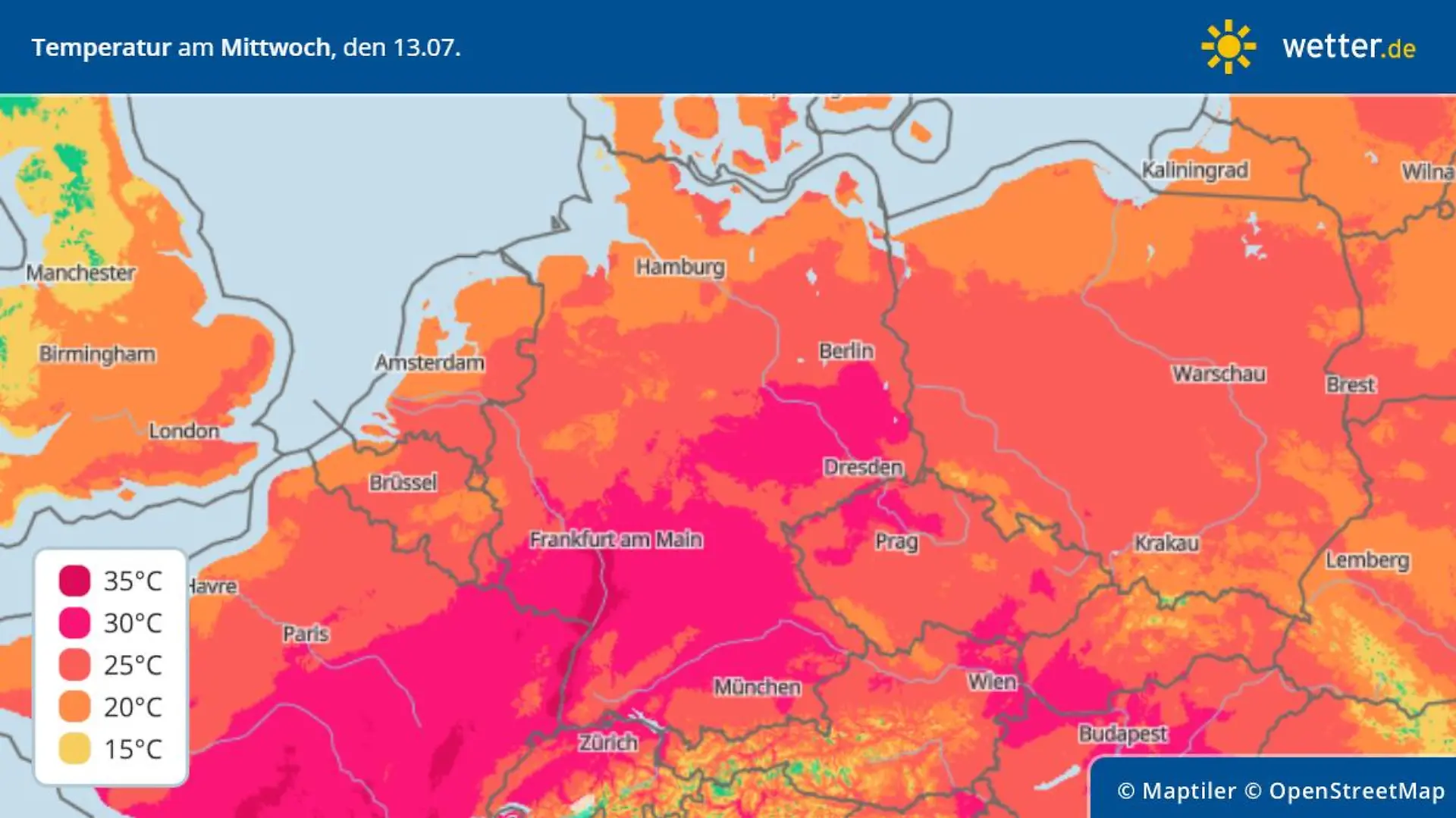 Temperatur-Höchstwerte am Mittwoch, 13. Juli in Deutschland