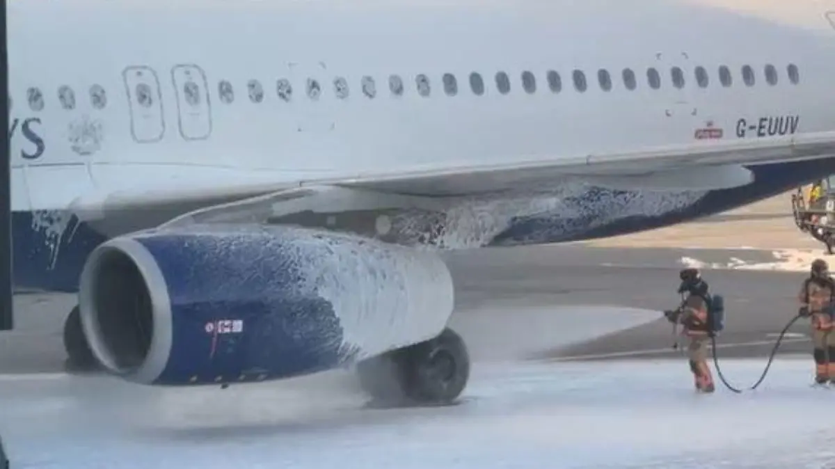 See SWNS story SWBRfire.
Dramatic scenes show firefighters tackling a fire on a British Airways passenger plane on Wednesday (6 July).
Emergency crews at Copenhagen Airport, Denmark, had to spray flame-retardant foam on the jet's engine.
Gabe Gudgel, who was meant to be on the flight, explained: "It looks like our flight from Copenhagen to London on British Airway might be a bit delayed.
"Now it looks like theyre spraying down the wing and inspecting the engine."
A British Airways spokesperson said: Fire services were called to assist with the aircraft on landing into Copenhagen.
All customers and crew disembarked the BA820 safely. We would never operate an aircraft unless it was safe to do so.
