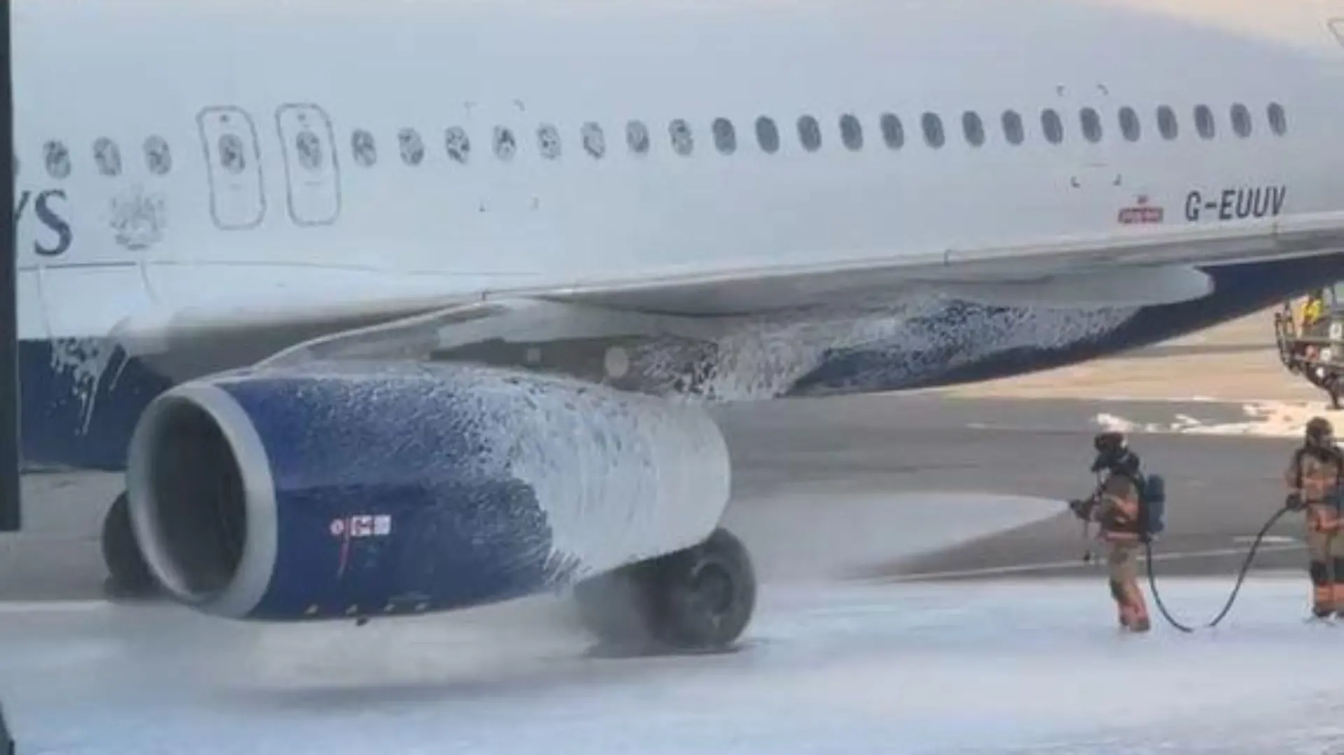 See SWNS story SWBRfire.
Dramatic scenes show firefighters tackling a fire on a British Airways passenger plane on Wednesday (6 July).
Emergency crews at Copenhagen Airport, Denmark, had to spray flame-retardant foam on the jet's engine.
Gabe Gudgel, who was meant to be on the flight, explained: "It looks like our flight from Copenhagen to London on British Airway might be a bit delayed.
"Now it looks like theyre spraying down the wing and inspecting the engine."
A British Airways spokesperson said: Fire services were called to assist with the aircraft on landing into Copenhagen.
All customers and crew disembarked the BA820 safely. We would never operate an aircraft unless it was safe to do so.