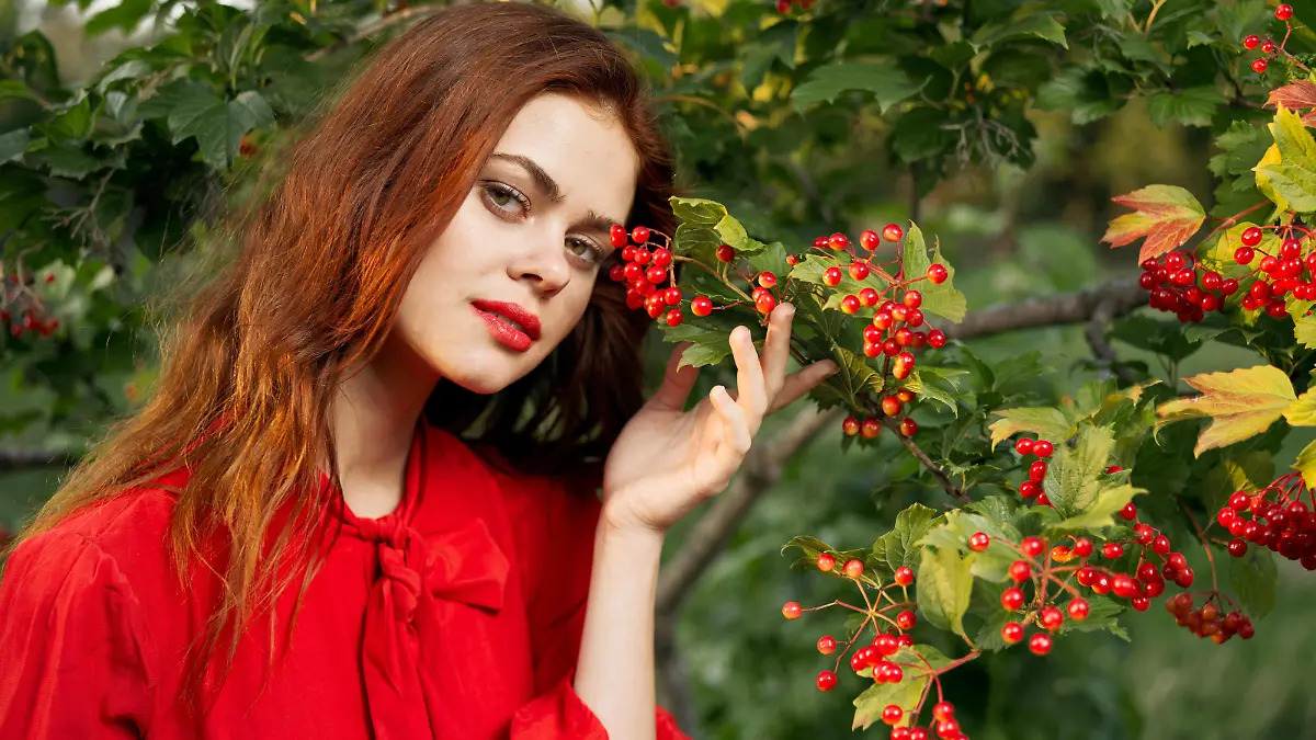 woman in red shirt near bush berries nature summer woman in red shirt near bush berries nature summer. High quality photo Copyright: xx 43023120