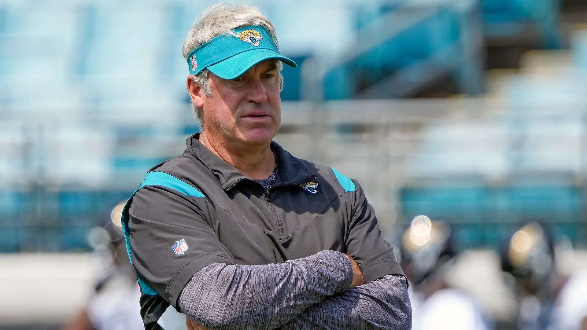 FILE - Jacksonville Jaguars head coach Doug Pederson watches players run through drills during an NFL football practice, Monday, June 5, 2023, in Jacksonville, Fla. Jacksonville Jaguars coach Doug Pederson’s son is the team’s newest tight end. The Jaguars signed Josh Pederson on Monday, July 10, 2023, bringing him aboard nearly a month after he finished the USFL season with the Houston Gamblers. (AP Photo/John Raoux, File)