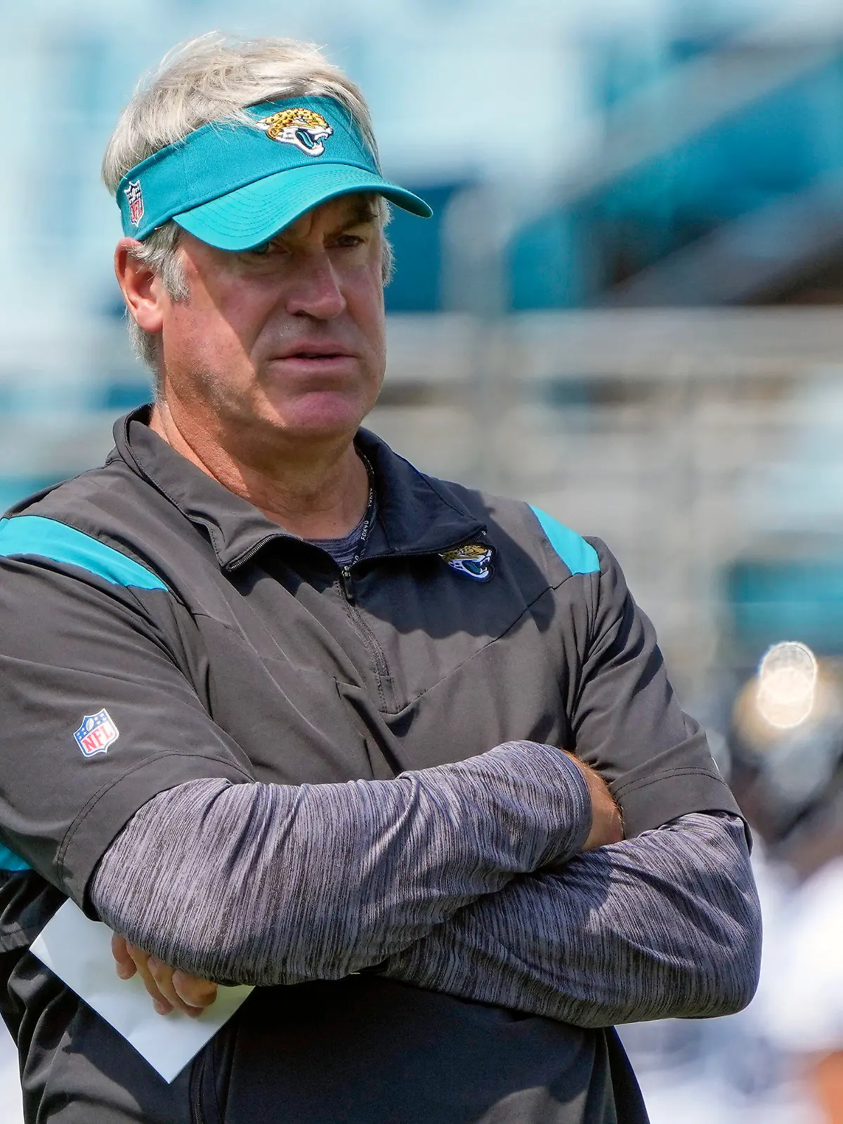 FILE - Jacksonville Jaguars head coach Doug Pederson watches players run through drills during an NFL football practice, Monday, June 5, 2023, in Jacksonville, Fla. Jacksonville Jaguars coach Doug Pederson’s son is the team’s newest tight end. The Jaguars signed Josh Pederson on Monday, July 10, 2023, bringing him aboard nearly a month after he finished the USFL season with the Houston Gamblers. (AP Photo/John Raoux, File)