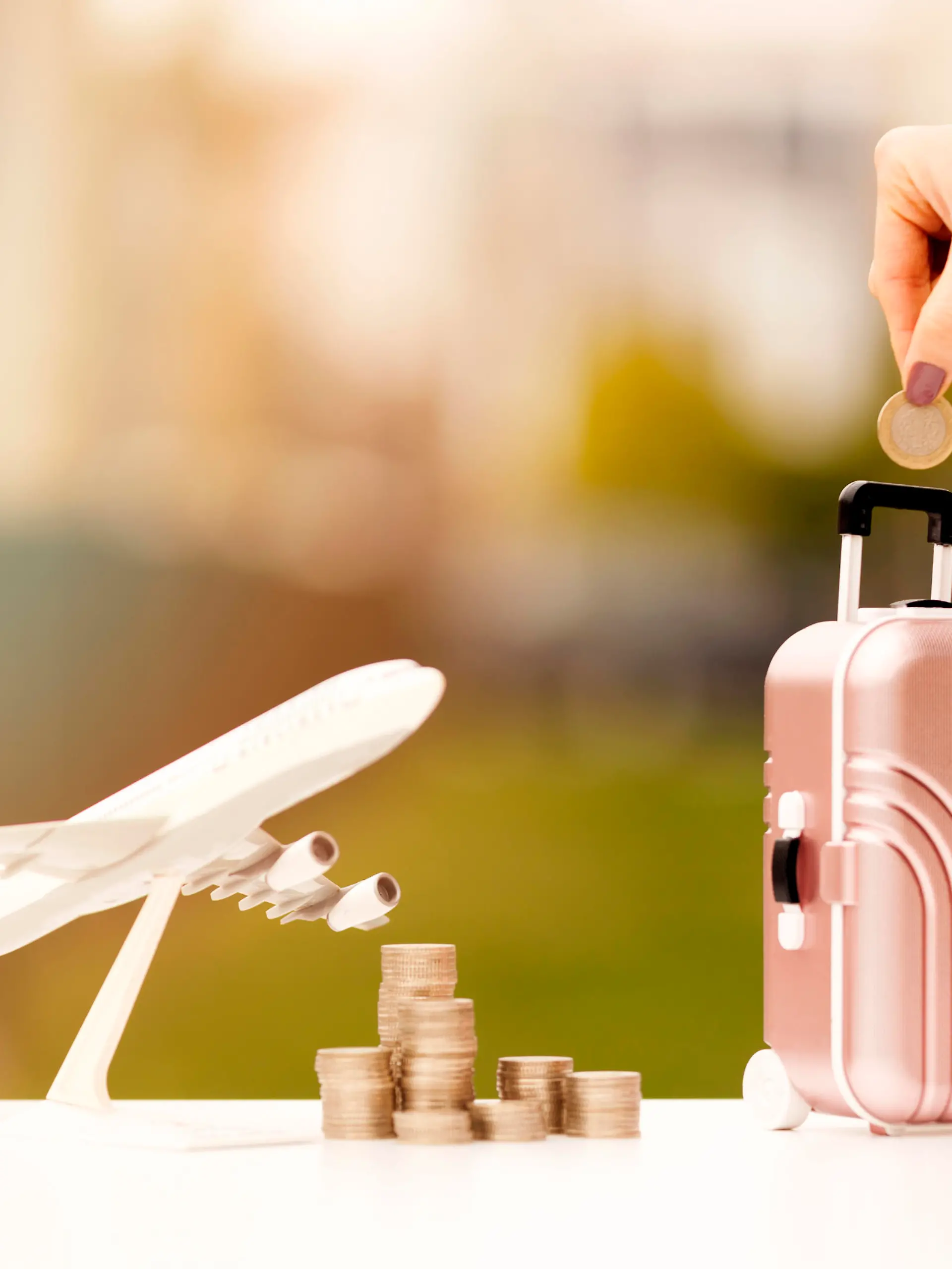 Miniature toy airplane and suitcases on bokeh background