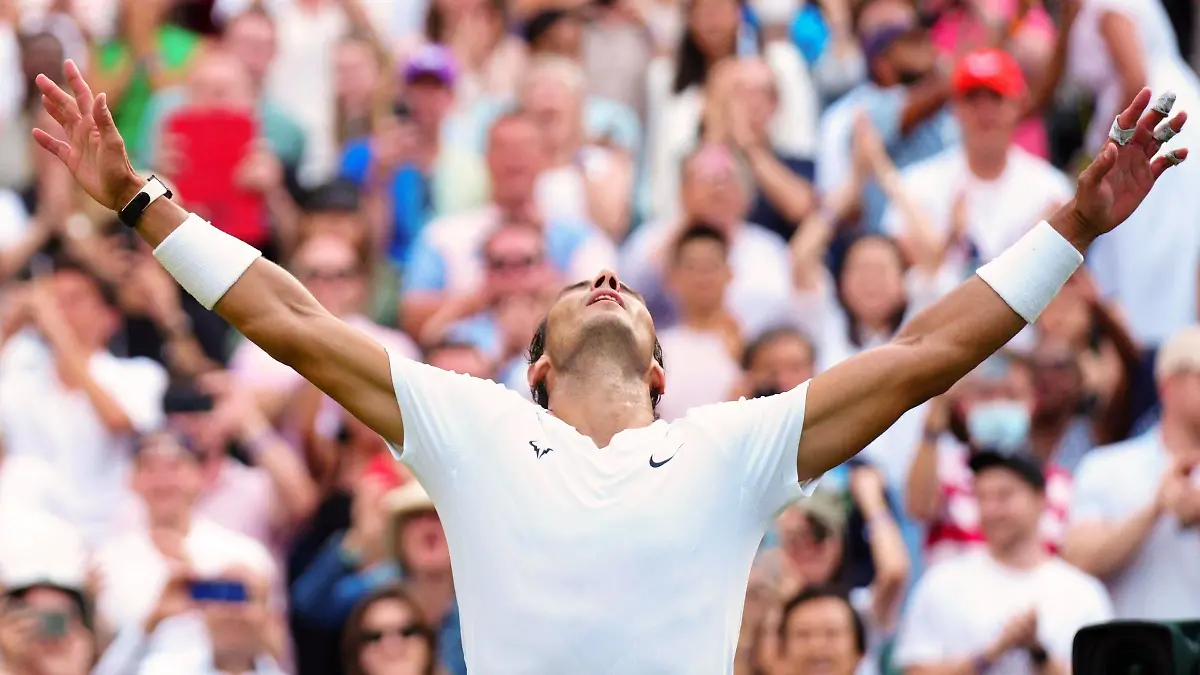 Mandatory Credit: Photo by Javier Garcia/Shutterstock 13018042kj Rafael Nadal celebrates victory in his quarter-final match Wimbledon Tennis Championships, Day 10, The All England Lawn Tennis and Croquet Club, London, UK - 06 Jul 2022 Wimbledon Tennis Championships, Day 10, The All England Lawn Tennis and Croquet Club, London, UK - 06 Jul 2022 PUBLICATIONxINxGERxSUIxAUTXHUNxGRExMLTxCYPxROMxBULxUAExKSAxONLY Copyright: xJavierxGarcia/Shutterstockx 13018042kj
