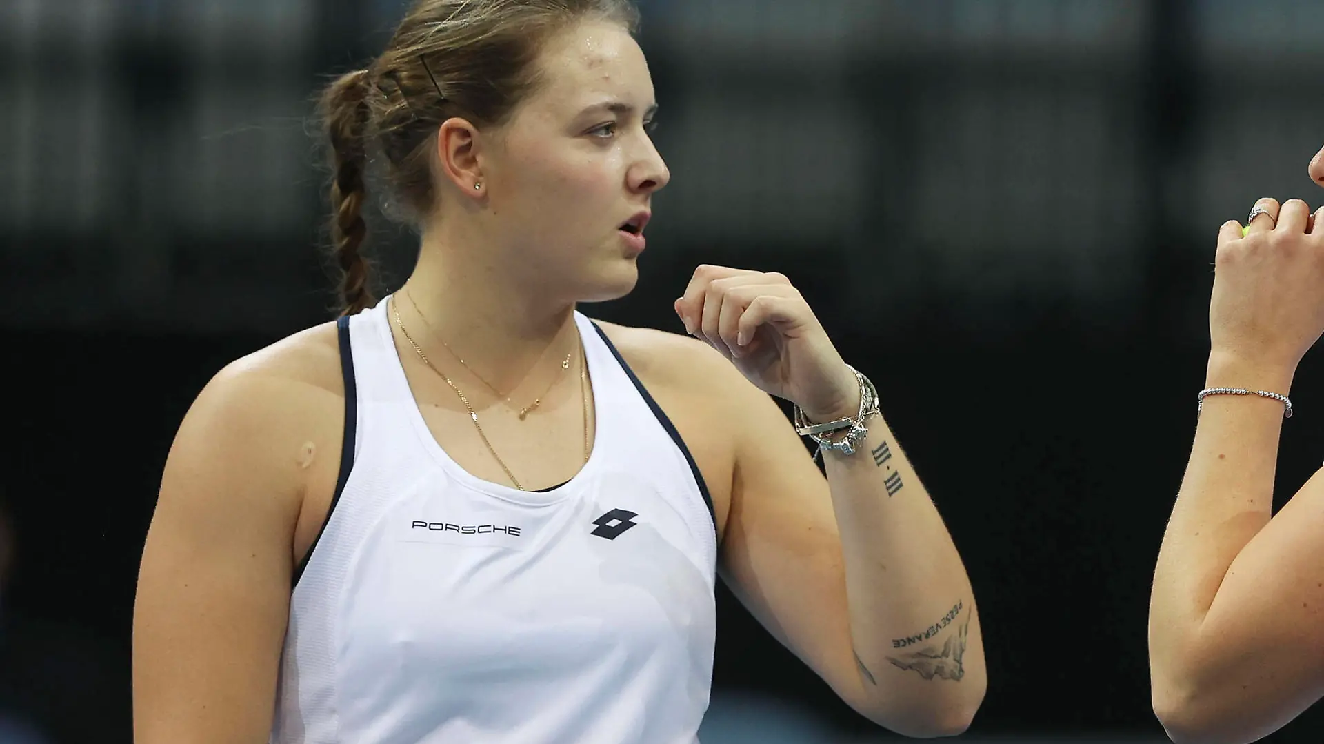 Billie Jean King Cup 2021 Finals, O2 Arena, Prag, Team Germany, Anna-Lena Friedsam / Jule Niemeier, Tattoo,Damen Doppel, *** Billie Jean King Cup 2021 Finals, O2 Arena, Prague, Team Germany, Anna Lena Friedsam Jule Niemeier, Tattoo,Womens Doubles, Copyright: xJuergenxHasenkopfx 