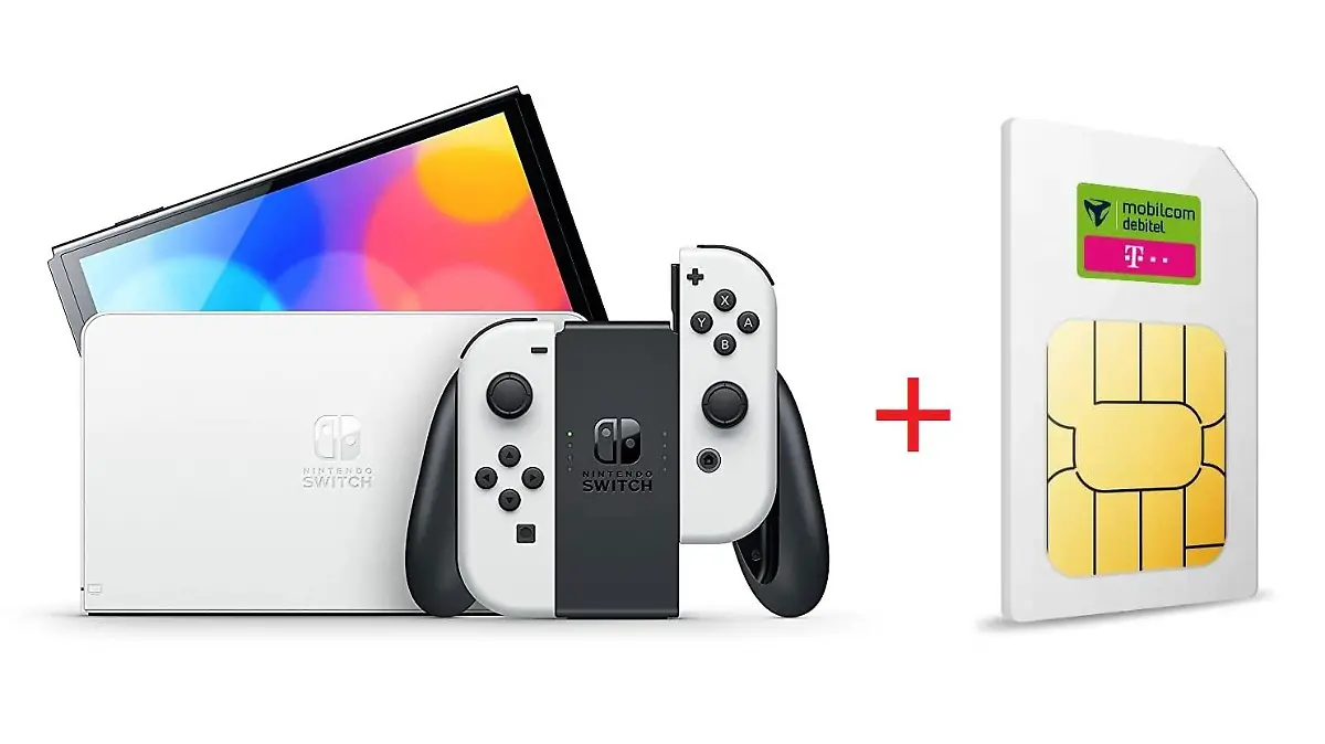 Nintendo Switch OLED und Mobilcom-Debitel-SIM.