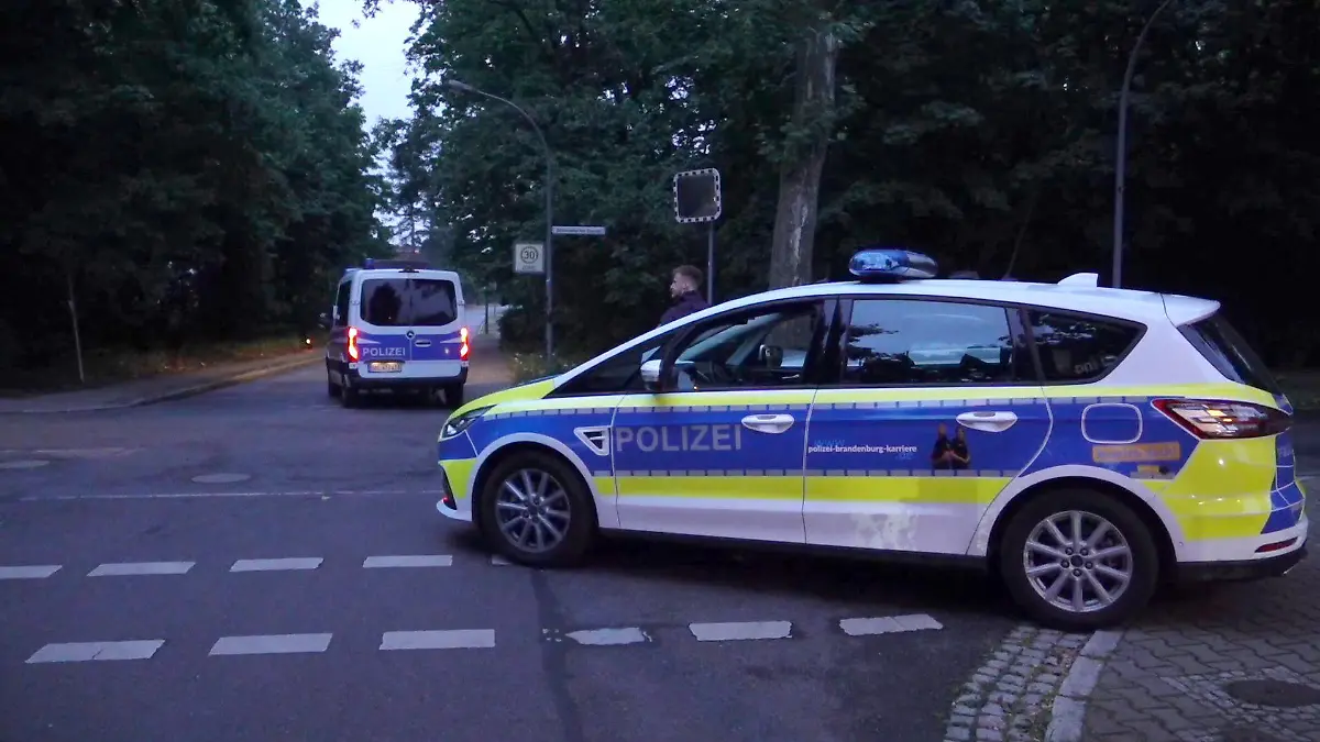20.07.2023, Brandenburg, Kleinmachnow: Polizeifahrzeuge sind bei einer Suchaktion nach einem freilaufenden gefährlichen Wildtier im Bereich der südlichen Landesgrenze von Berlin zu sehen. Ein gefährliches Wildtier ist in der Nacht zum Donnerstag in Brandenburg entlaufen und hat eine große Suchaktion ausgelöst. Wie die Polizei auf Anfrage der Deutschen Presse-Agentur mitteilte, suchten Einsatzkräfte mit Hubschraubern in Kleinmachnow und angrenzenden Gemeinden nach dem Tier. Foto: Sven Käuler/dpa +++ dpa-Bildfunk +++