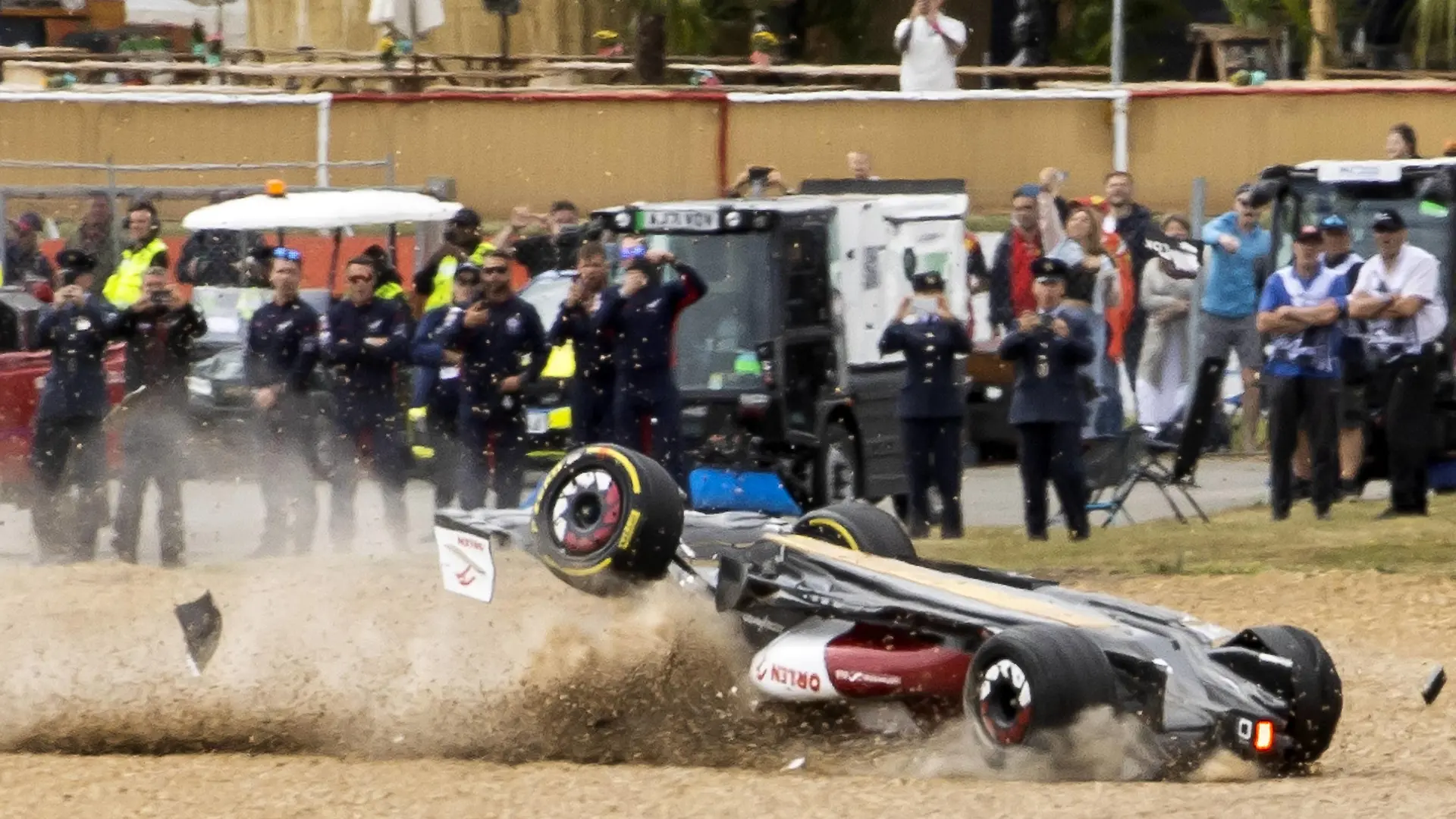 NORTHAMPTON - Guanyu Zhou 24 driving the Alfa Romeo C40 crashes during the F1 Grand Prix of Great Britain at Silverstone on July 3, 2022 in Northampton, England. REMKO DE WAAL F1 Grand Prix of Great Britain 2022 xVIxANPxSportx/xxANPxIVx *** NORTHAMPTON Guanyu Zhou 24 driving the Alfa Romeo C40 crashes during the F1 Grand Prix of Great Britain at Silverstone on July 3, 2022 in Northampton, England REMKO DE WAAL F1 Grand Prix of Great Britain 2022 xVIxANPxSportx xxANPxIVx 451278711 originalFilename: 451278711.jpg