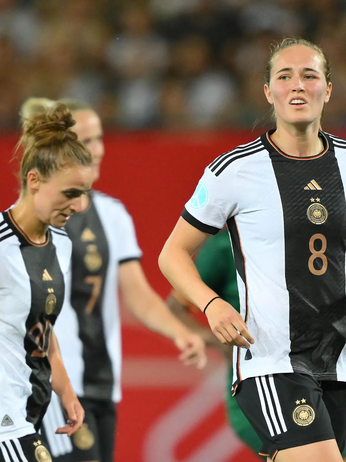 FUERTH, GERMANY - JULY 07: Sydney Lohmann and Lina Magull of Germany react during the Women's international friendly between Germany and Zambia at Sportpark Ronhof Thomas Sommer on July 07, 2023 in Fuerth, Germany. (Photo by Sebastian Widmann/Getty Images)