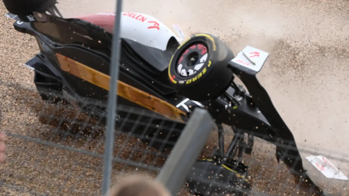 Formula 1 2022: British GP SILVERSTONE CIRCUIT, UNITED KINGDOM - JULY 03: Zhou Guanyu, Alfa Romeo C42, slides across the gravel upside down after a crash at the start during the British GP at Silverstone Circuit on Sunday July 03, 2022 in Northamptonshire, United Kingdom. Photo by Mark Sutton / Sutton Images Images PUBLICATIONxINxGERxSUIxAUTxHUNxONLY GP2210_150158MS1_8676