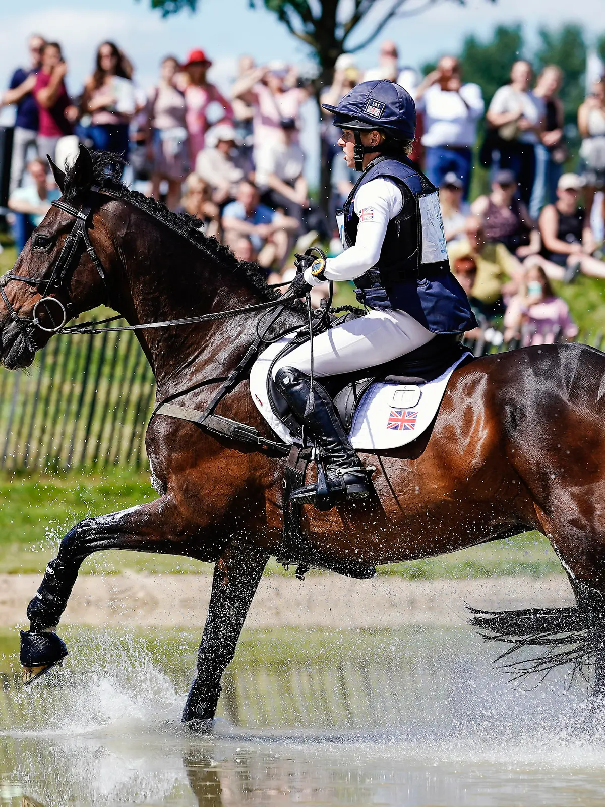 Pferdesport, Vielseitigkeit: CHIO, Cross Country: Die Vielseitigkeitsreiterin Rosalind Canter aus Großbritannien auf dem Pferd Allstar B reitet auf der Geländestrecke durch ein Wasserhindernis. Das beim Geländeritt verunglückte Vielseitigkeits-Pferd Allstar B ist tot. Seine britische Reiterin Rosalind Canter und die Mitbesitzerin Moore entschieden am Samstag, den 17-jährigen Hengst einschläfern zu lassen.