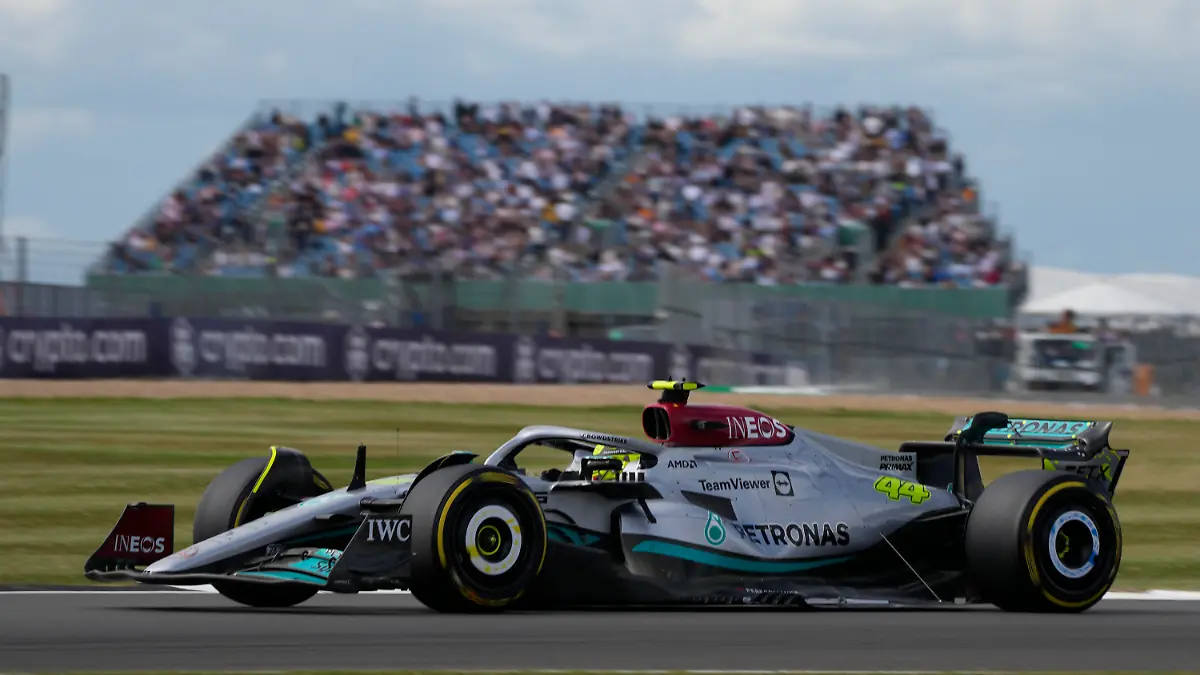 Mercedes driver Lewis Hamilton of Britain steers his car during the second free practice at the Silverstone circuit, in Silverstone, England, Friday, July 1, 2022. The British F1 Grand Prix is held on Sunday July 3, 2022. (AP Photo/Frank Augstein)