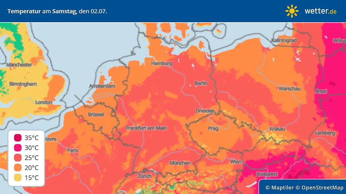 Temperaturhöchstwerte am Samstag, 2. Juli in Deutschland