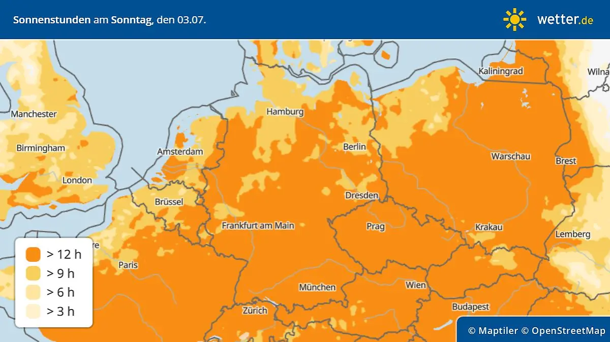 Sonnenscheindauer in Deutschland am Sonntag, 3. Juli