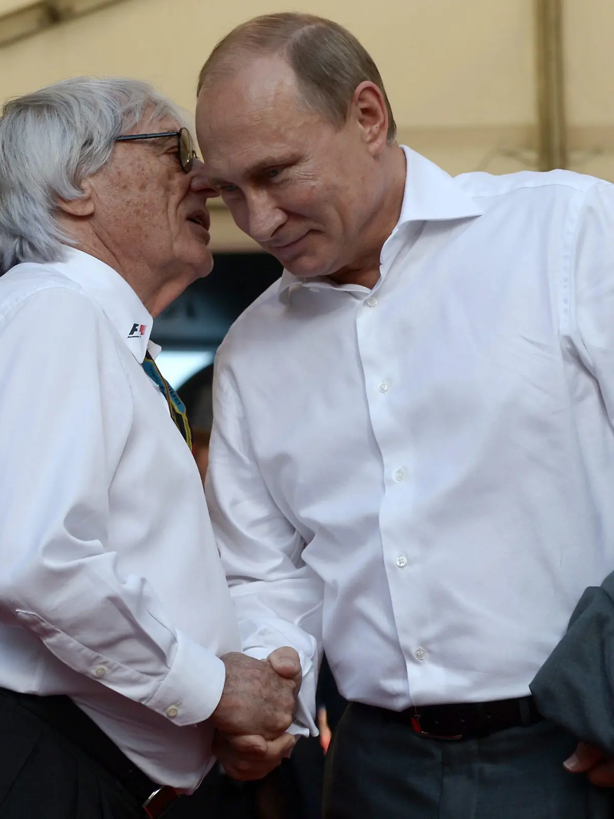 epa04443457 Russian President Vladimir Putin (R) and Formula 1 boss Bernie Ecclestone (L) shake hands during the 2014 Formula One Grand Prix of Russia at Sochi Autodrom circuit, in Sochi, Russia, 12 October 2014. EPA/ALEXEI NIKOLSKY / RIA NOVOSTI / +++(c) dpa - Bildfunk+++