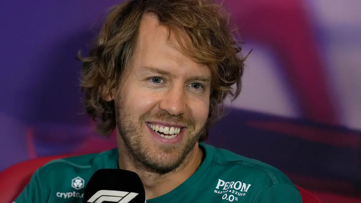 Aston Martin driver Sebastian Vettel of Germany smiles during a press conference at the Silverstone race track in Silverstone, Thursday, June 30, 2022. The British F1 Grand Prix is held on Sunday July 3,2022. (AP Photo/Matt Dunham)