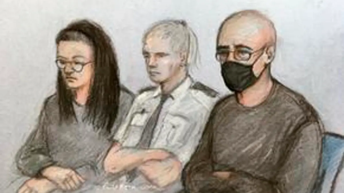 Logan Mwangi murder trial. Court artist sketch by Elizabeth Cook of Angharad Williamson, 30, and her partner, John Cole, 39, in the dock at Cardiff Crown Court, where along with a 14-year-old boy, who cannot be named for legal reasons, are charged with killing five-year-old Logan Mwangi, the son of Williamson, who was found dead on the bank of the River Ogmore near his home village of Sarn in Bridgend County on July 31 2021. Picture date: Tuesday February 22, 2022. See PA story COURTS Bridgend. Photo credit should read: Elizabeth Cook/PA Wire URN:65468038