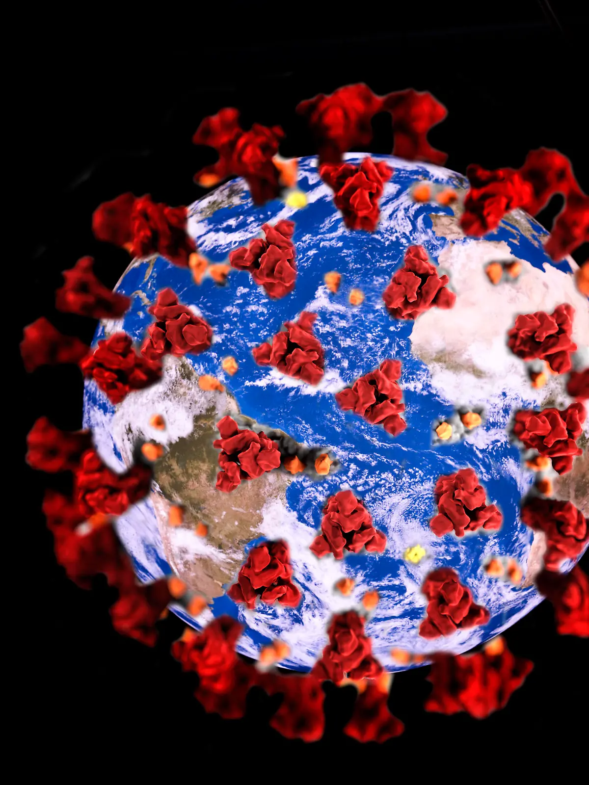 Erde mit Coronavirus, Symboldbild fuer die weltweite Corona-Pandemie, Fotomantage world with Covid-19 BLWS613312 Copyright: xblickwinkel/S.xZiesex 