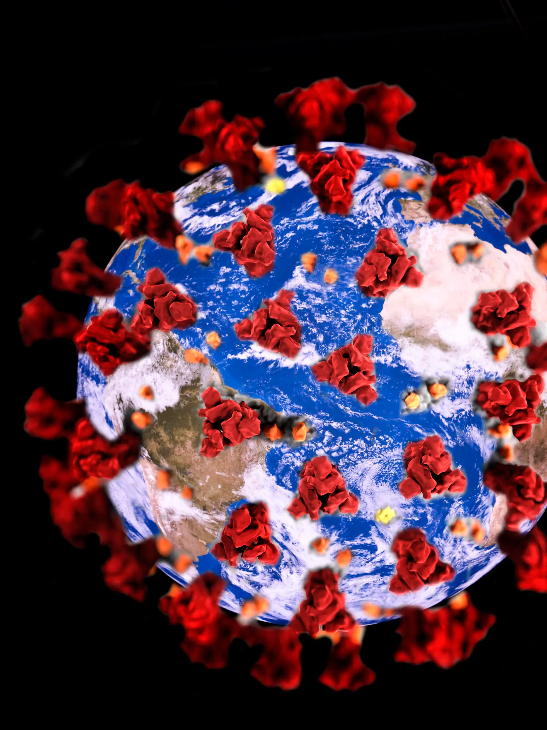 Erde mit Coronavirus, Symboldbild fuer die weltweite Corona-Pandemie, Fotomantage world with Covid-19 BLWS613312 Copyright: xblickwinkel/S.xZiesex 