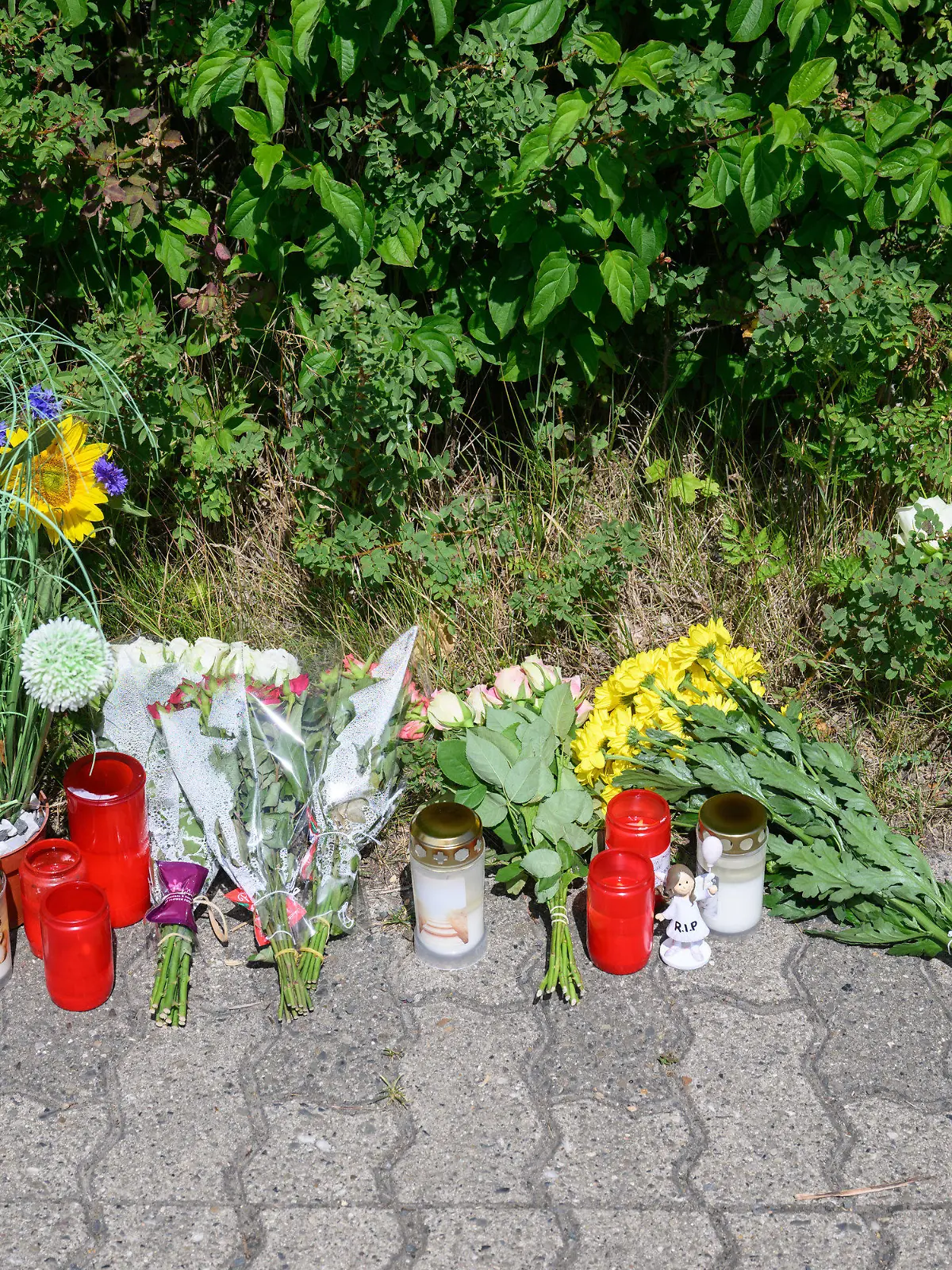 22.06.2022, Niedersachsen, Salzgitter: Kerzen, Blumen und Figuren zum Gedenken an eine getötete 15-jährige liegen an einem Tatort an einer Grünfläche am Hans-Böckler-Ring. Nach dem Fund einer toten 15-Jährigen in Salzgitter gelten zwei Jugendliche als dringend tatverdächtig. Es handele sich um einen 13-Jährigen und einen 14-Jährigen, teilte die Staatsanwaltschaft Braunschweig am Mittwoch mit. Foto: Julian Stratenschulte/dpa +++ dpa-Bildfunk +++