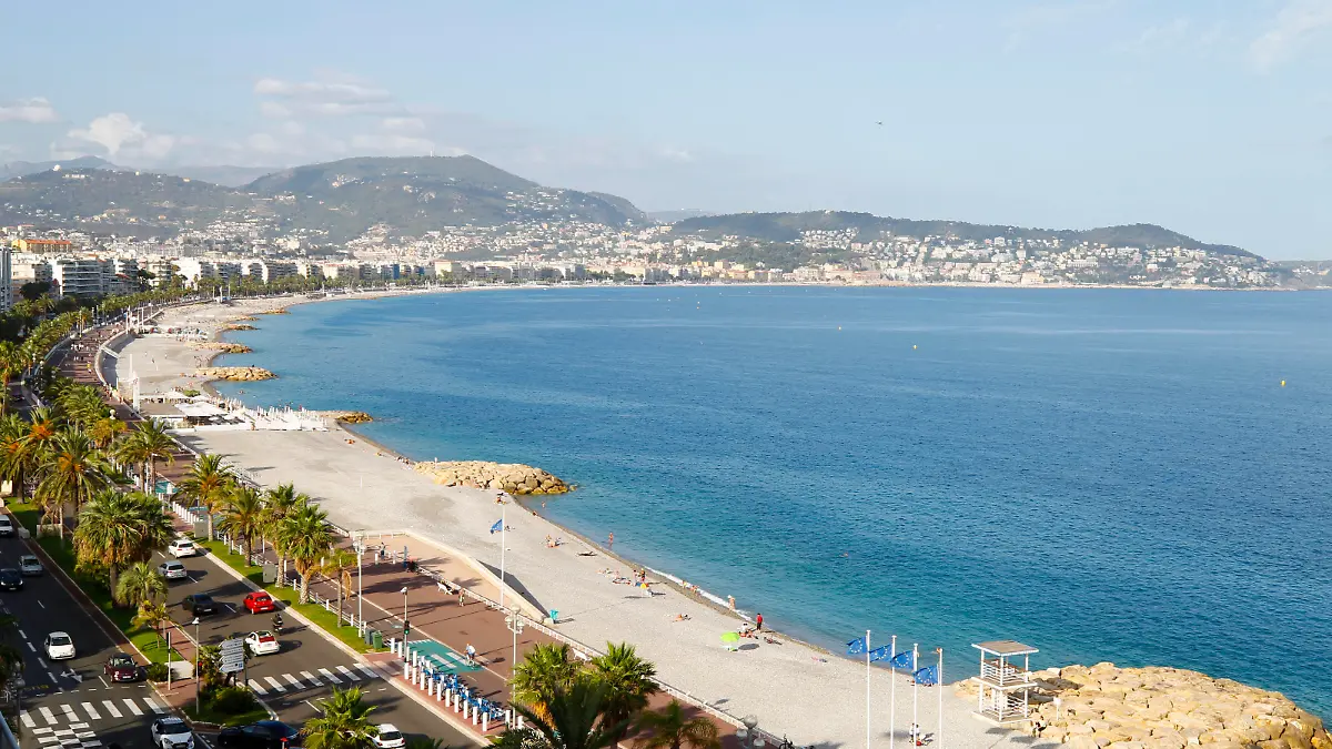 Nice, France - June 24, 2022: Panoramic Sea View from the Rooftop Restaurant "Calade" at the Radisson Blu Hotel in Nice. Mare, Meer, Water, Vacation, Summer, Sommer. Mandoga Media Germany
