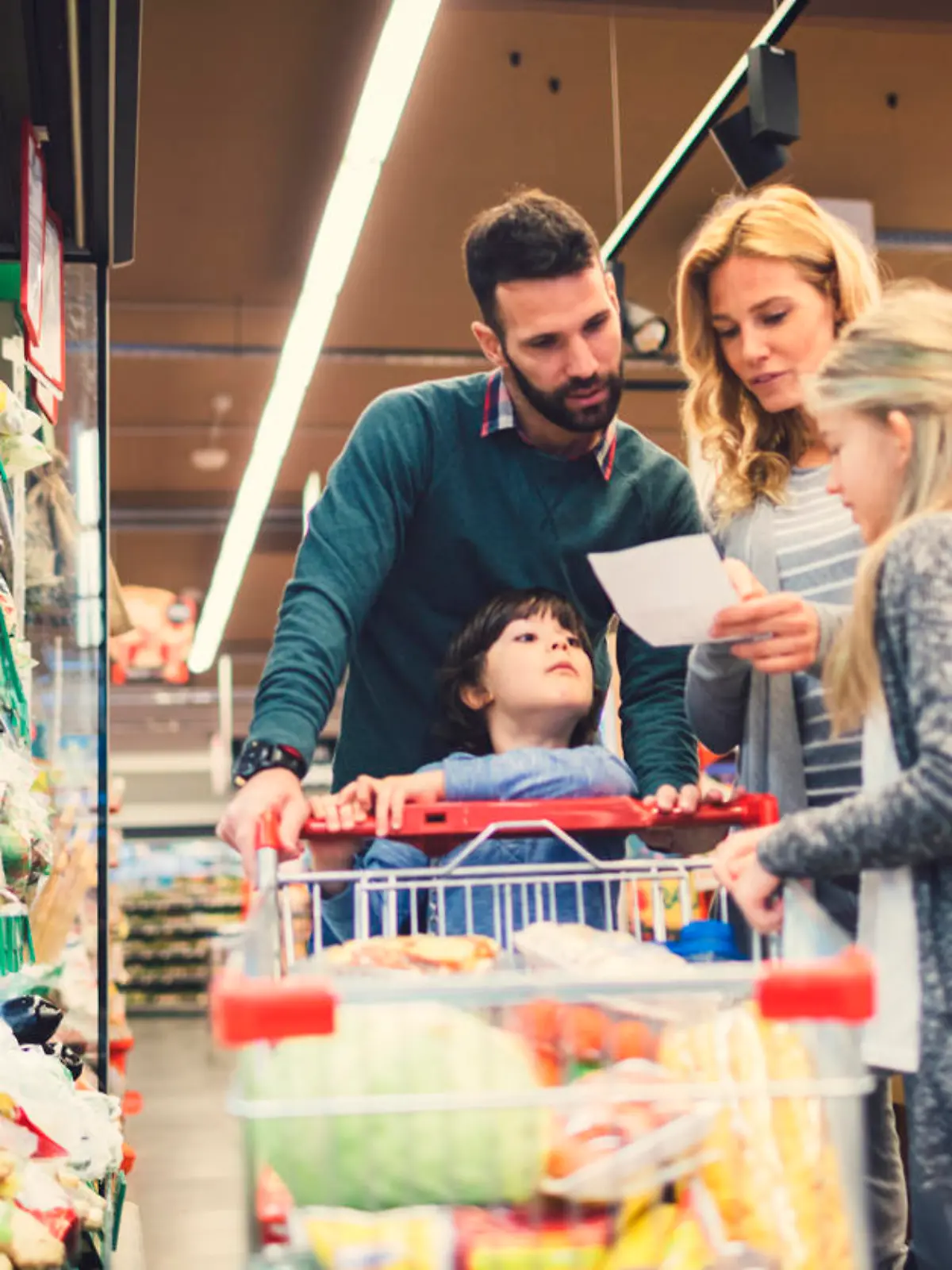 Cheerful family with two children shopping vegetables in supermarket. Holding shopping list and looking for groceries