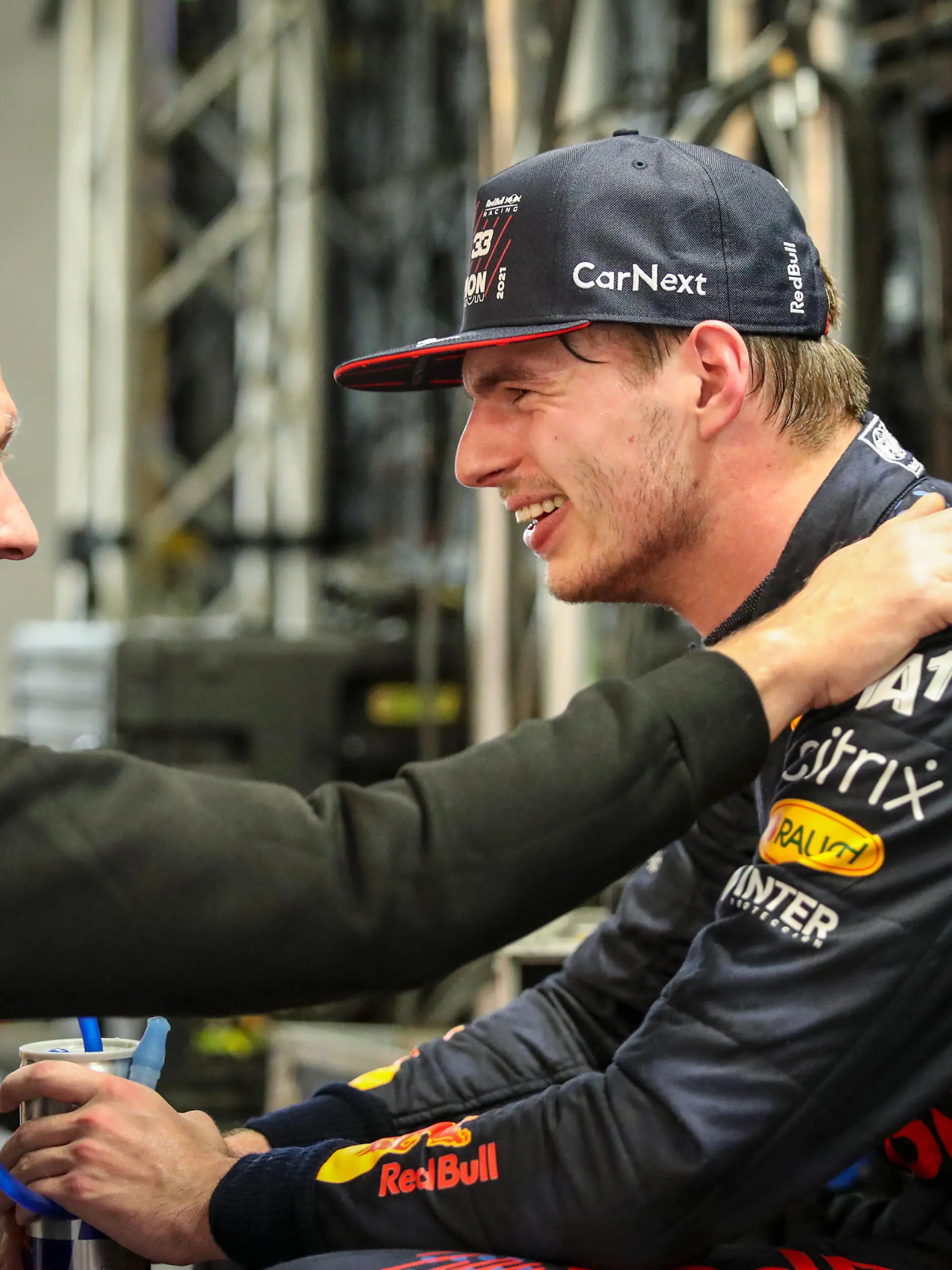 VERSTAPPEN Max (nld), Red Bull Racing Honda RB16B, portrait, celebrating his win and first world title at 24 years old with his father Jos during the Formula 1 Etihad Airways Abu Dhabi Grand Prix 2021, 22th round of the 2021 FIA Formula One World Championship from December 10 to 12, 2021 on the Yas Marina Circuit, in Yas Island, Abu Dhabi - Photo Florent Gooden / DPPI