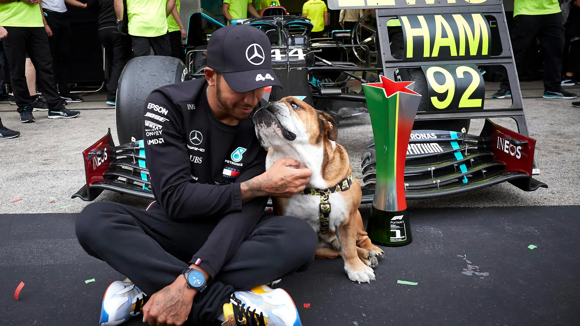 2020 Portuguese GP ALGARVE INTERNATIONAL CIRCUIT, PORTUGAL - OCTOBER 25: Lewis Hamilton, Mercedes F1 W11 EQ Performance, celebrates his record-breaking 92nd Formula 1 victory with his pet dog during the Portuguese GP at Algarve International Circuit on Sunday October 25, 2020, Portugal. Photo by Steve Etherington / LAT Images Images PUBLICATIONxINxGERxSUIxAUTxHUNxONLY SNE18994