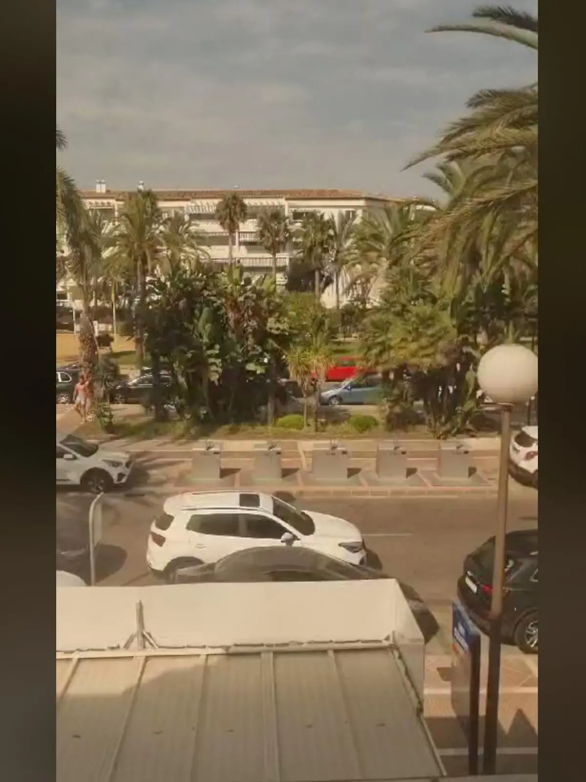 Promenade mit Palmen und geparkten Autos an der Costa del Sol.