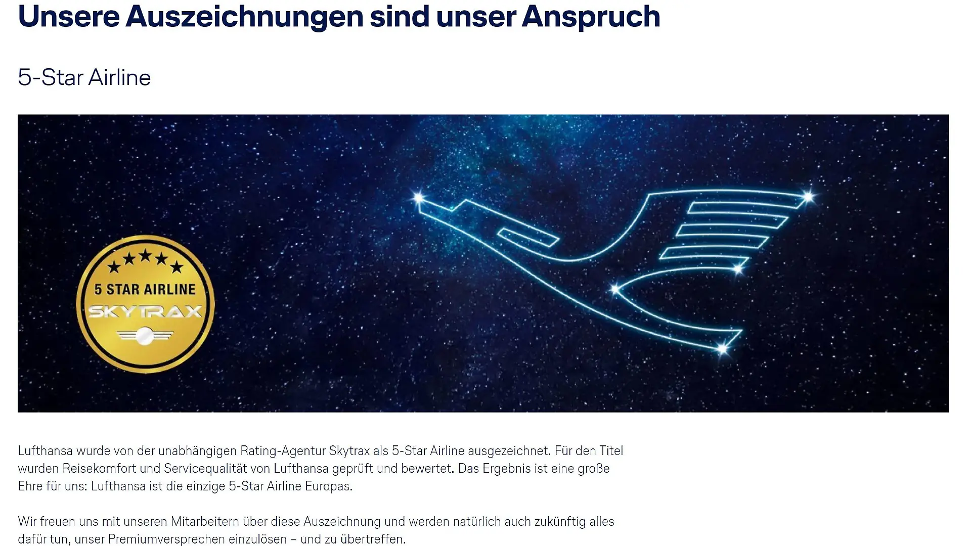 Es scheint noch nicht überall bei Lufthansa angekommen zu sein... Auf Ihrer Website feiert sich die Airline am Samstag noch als 5-Sterne-Airline. Dabei ist sie das laut Skytrax gar nicht mehr.