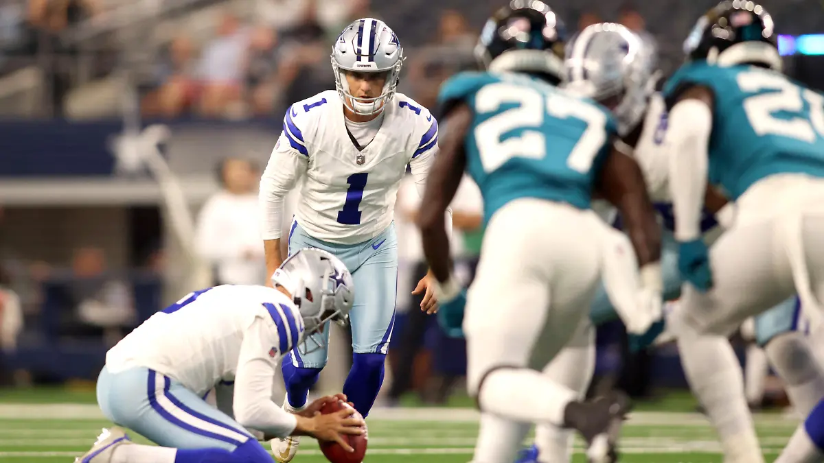 Aug 12, 2023; Arlington, Texas, USA; Dallas Cowboys place kicker Brandon Aubrey (1) kicks an extra point in the fourth quarter against the Jacksonville Jaguars at AT&T Stadium. Mandatory Credit: Tim Heitman-USA TODAY Sports