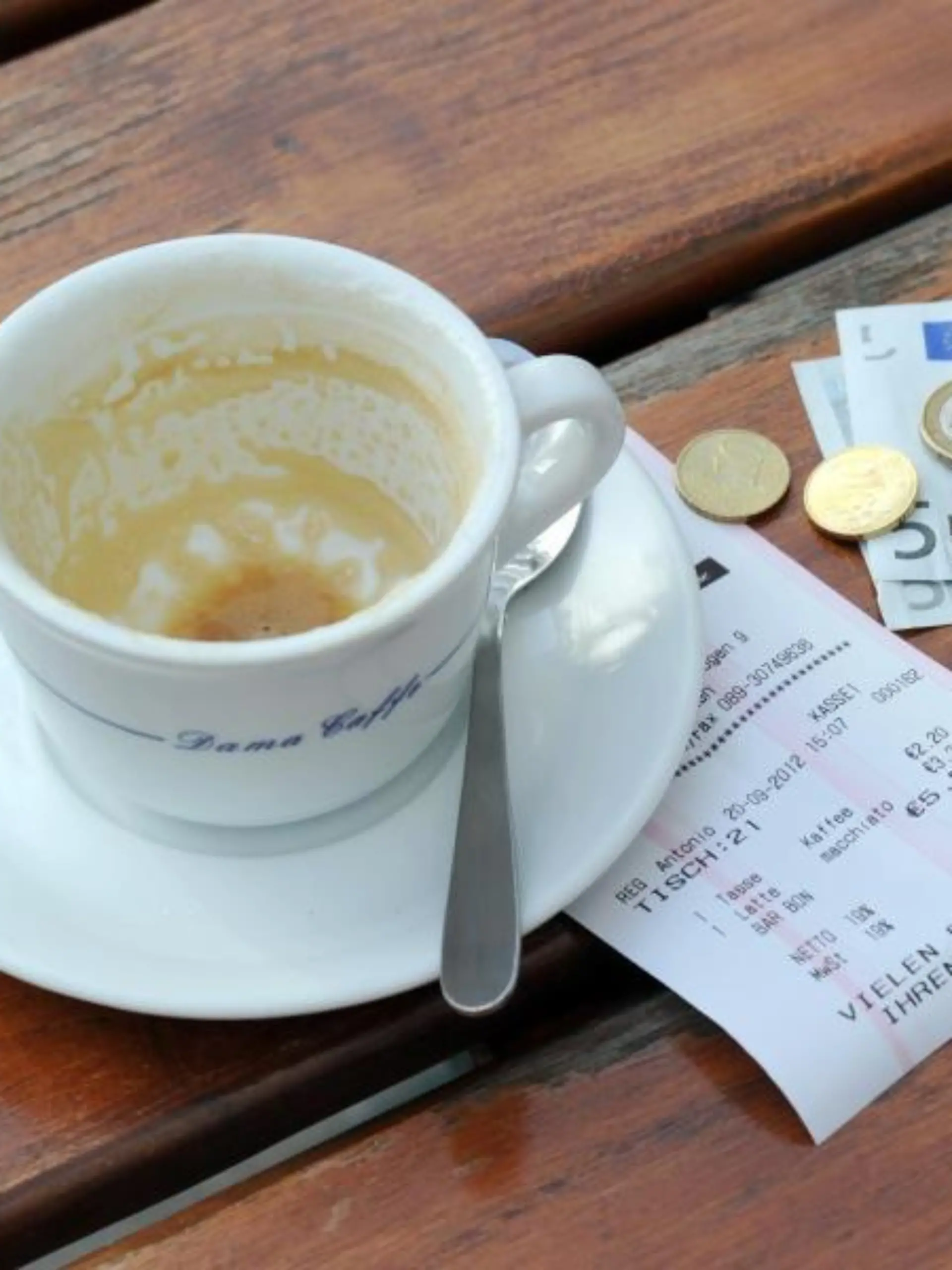 Kaffeetasse mit Rechnung und Geld