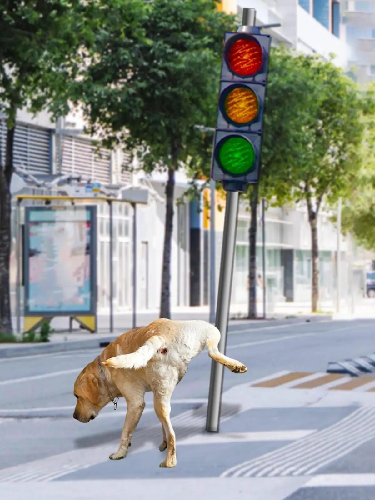 Hund pinkelt an Ampel