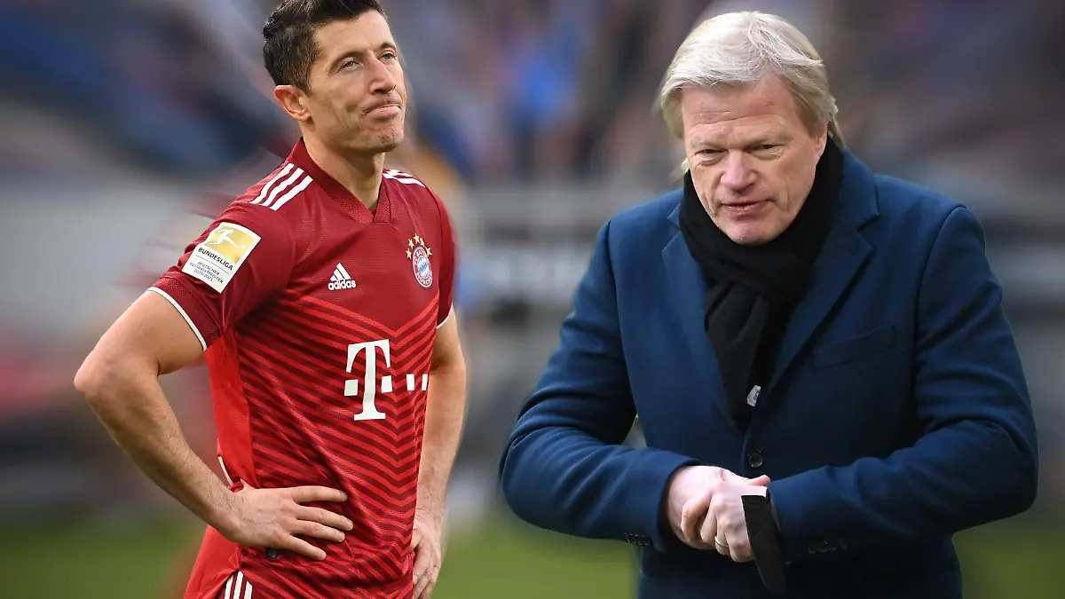 FOTOMONTAGE: Oliver KAHN (Vorstandsvorsitzender FCB) will mit Robert LEWANDOWSKI (Bayern Muenchen) ueber eine Vertragsverlaengerung sprechen. Robert LEWANDOWSKI (Bayern Muenchen), skeptisch, Aktion,Einzelbild,angeschnittenes Einzelmotiv,Halbfigur,halbe Figur. Fussball 1. Bundesliga Saison 2021/2022,26.Spieltag, Spieltag26. TSG 1899 Hoffenheim-FC Bayern Muenchen 1-1, am 12.03.2022, PreZero Arena Sinsheim. Â