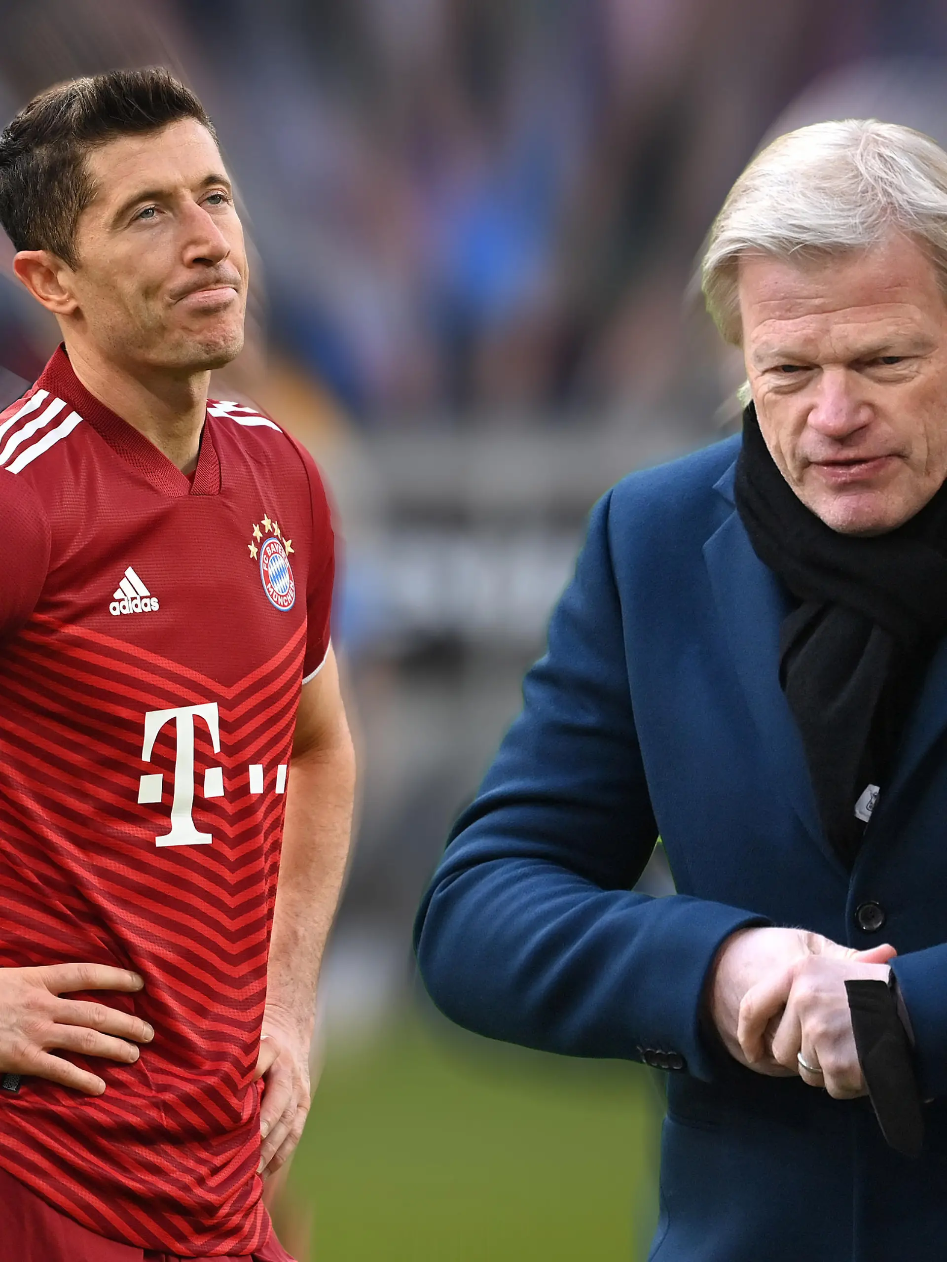 FOTOMONTAGE: Oliver KAHN (Vorstandsvorsitzender FCB) will mit Robert LEWANDOWSKI (Bayern Muenchen) ueber eine Vertragsverlaengerung sprechen. Robert LEWANDOWSKI (Bayern Muenchen), skeptisch, Aktion,Einzelbild,angeschnittenes Einzelmotiv,Halbfigur,halbe Figur. Fussball 1. Bundesliga Saison 2021/2022,26.Spieltag, Spieltag26. TSG 1899 Hoffenheim-FC Bayern Muenchen 1-1, am 12.03.2022, PreZero Arena Sinsheim. Â