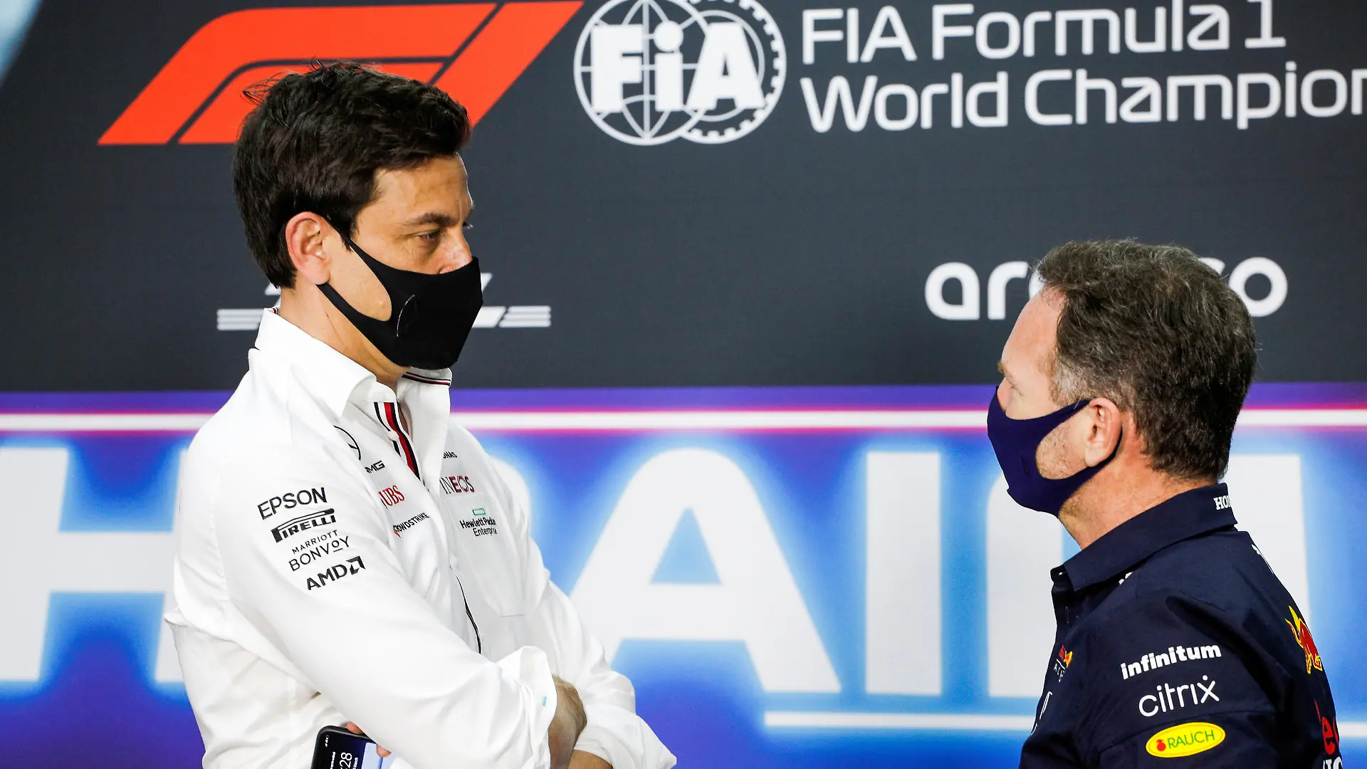 Formula One F1 - Bahrain Grand Prix - Bahrain International Circuit, Sakhir, Bahrain - March 26, 2021 Mercedes' Team Principal Toto Wolff with Red Bull Team Principal Christian Horner during the press conference FIA/Handout via REUTERS ATTENTION EDITORS - THIS IMAGE HAS BEEN SUPPLIED BY A THIRD PARTY. NO RESALES. NO ARCHIVES