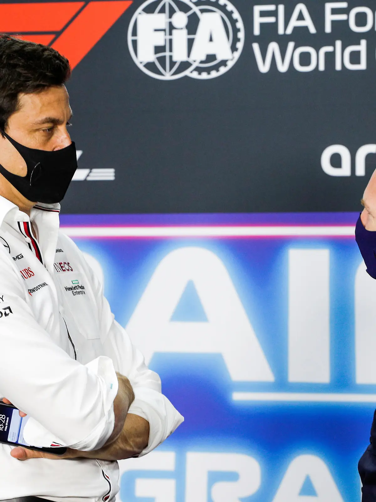 Formula One F1 - Bahrain Grand Prix - Bahrain International Circuit, Sakhir, Bahrain - March 26, 2021  Mercedes' Team Principal Toto Wolff with Red Bull Team Principal Christian Horner during the press conference  FIA/Handout via REUTERS   ATTENTION EDITORS - THIS IMAGE HAS BEEN SUPPLIED BY A THIRD PARTY. NO RESALES. NO ARCHIVES